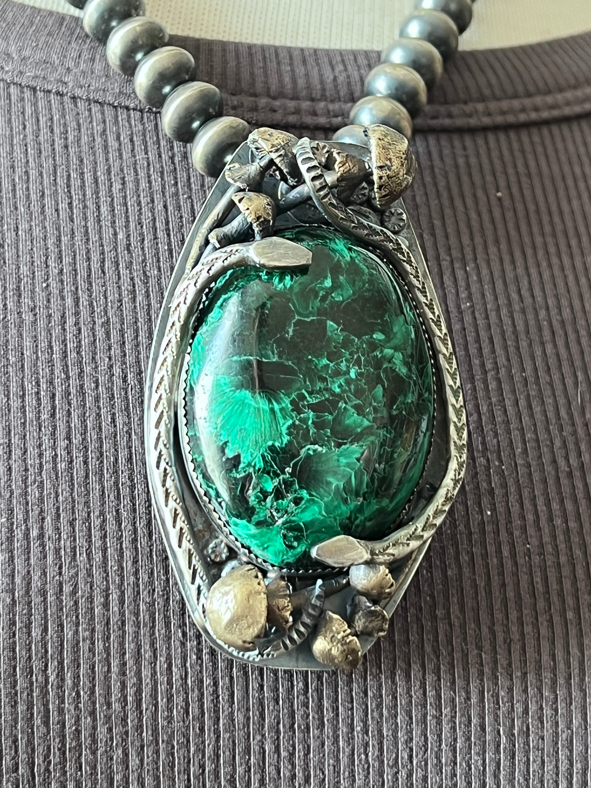 Sterling Silver, Brass and Malachite Garden Rattlesnake Pendant by Isaac Baca