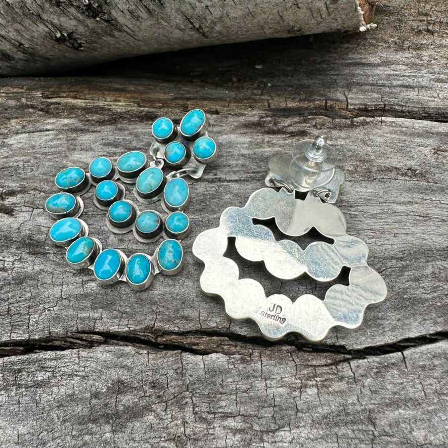 Native Made Blue Turquoise and Sterling Silver Fan Cluster Earrings by Jennifer Denefclaw
