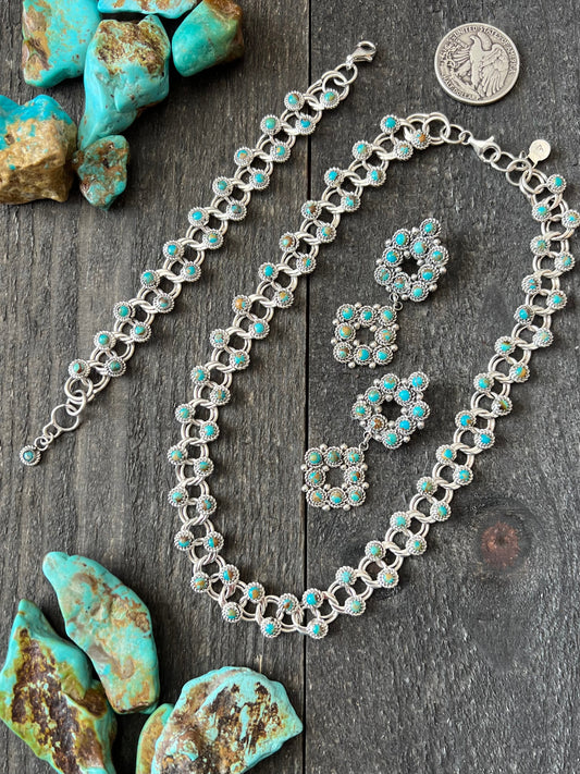 Zuni Sterling and Snake Eye Turquoise Link Necklace, Bracelet & Earrings by Dillon Cheama