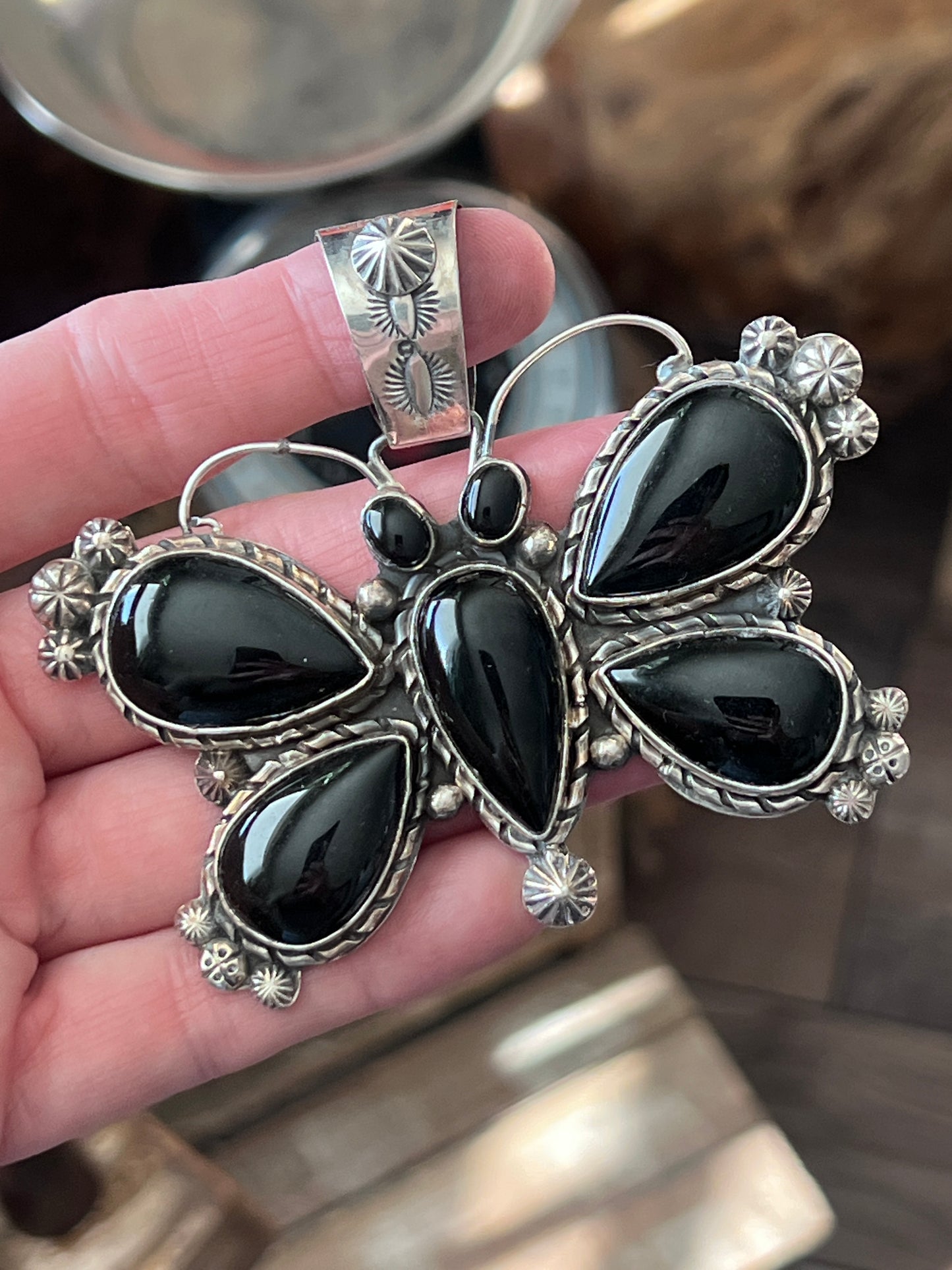 Black Onyx and Sterling Silver Butterfly Pendants by Rosella Paxson