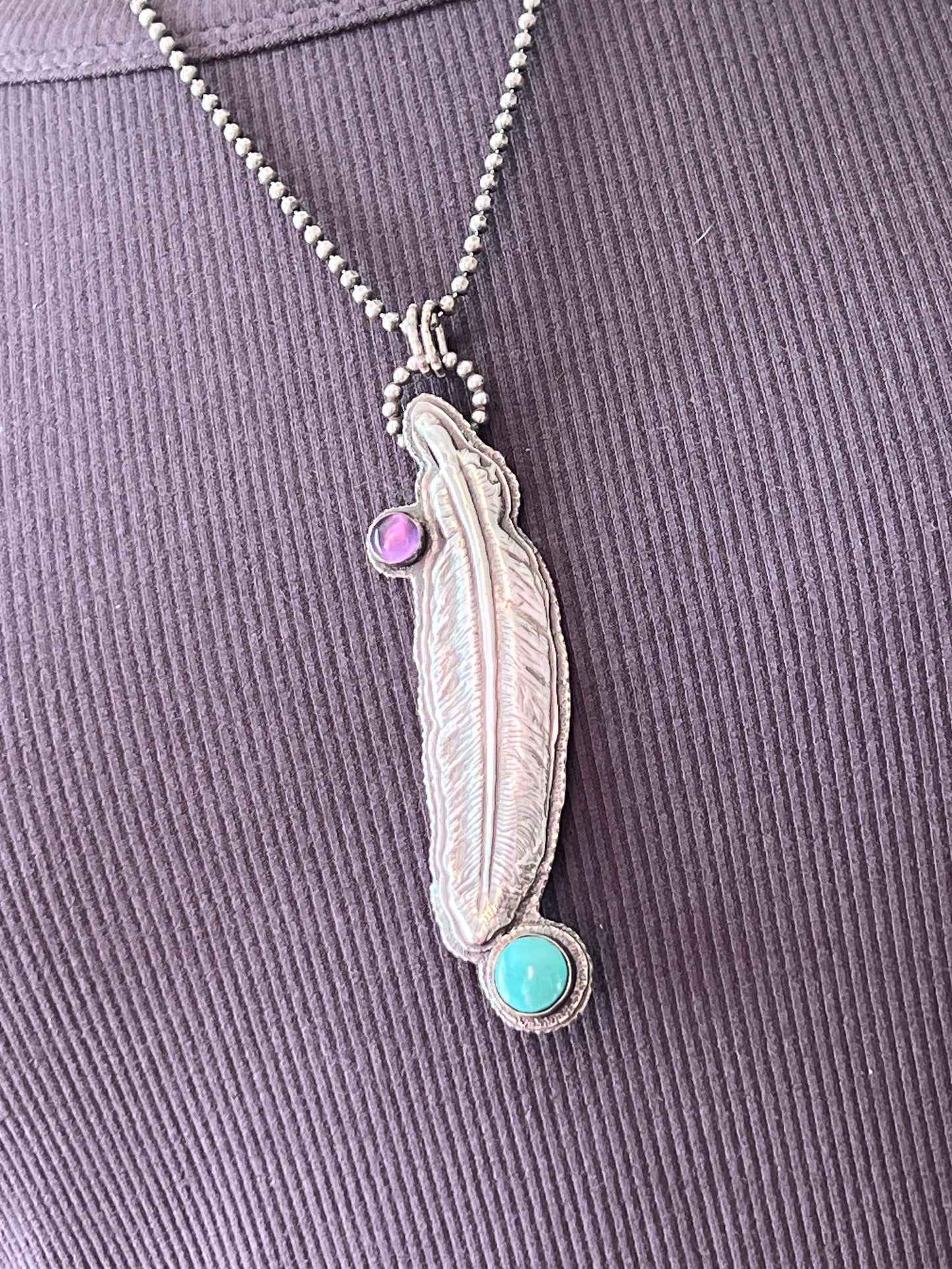 Tularosa Sterling Silver, Turquoise & Amethyst Feather Necklace