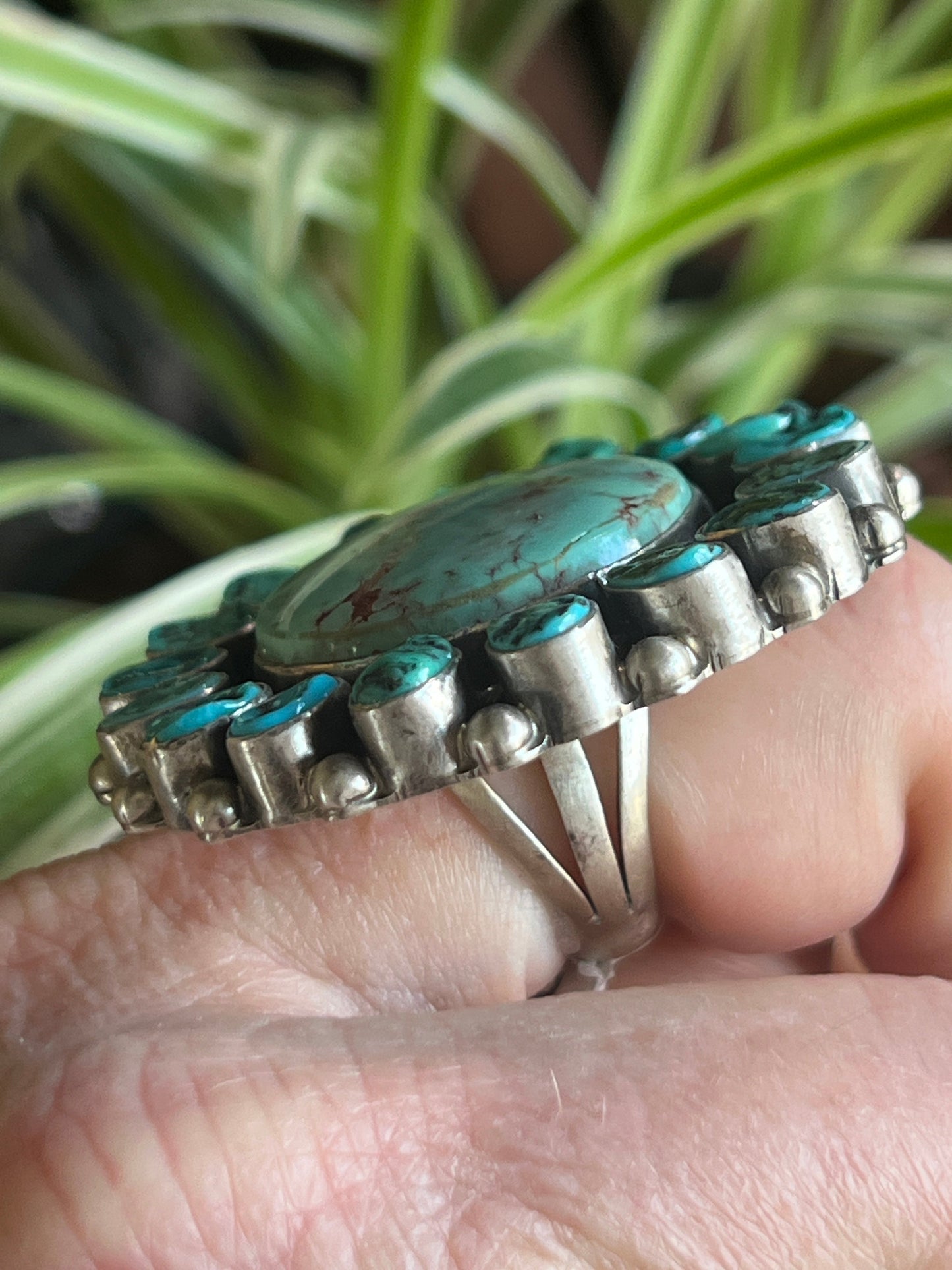 Navajo Sterling Silver Around The World Kingman Cluster Ring by Blaine Yellowhorse, Size 7.5