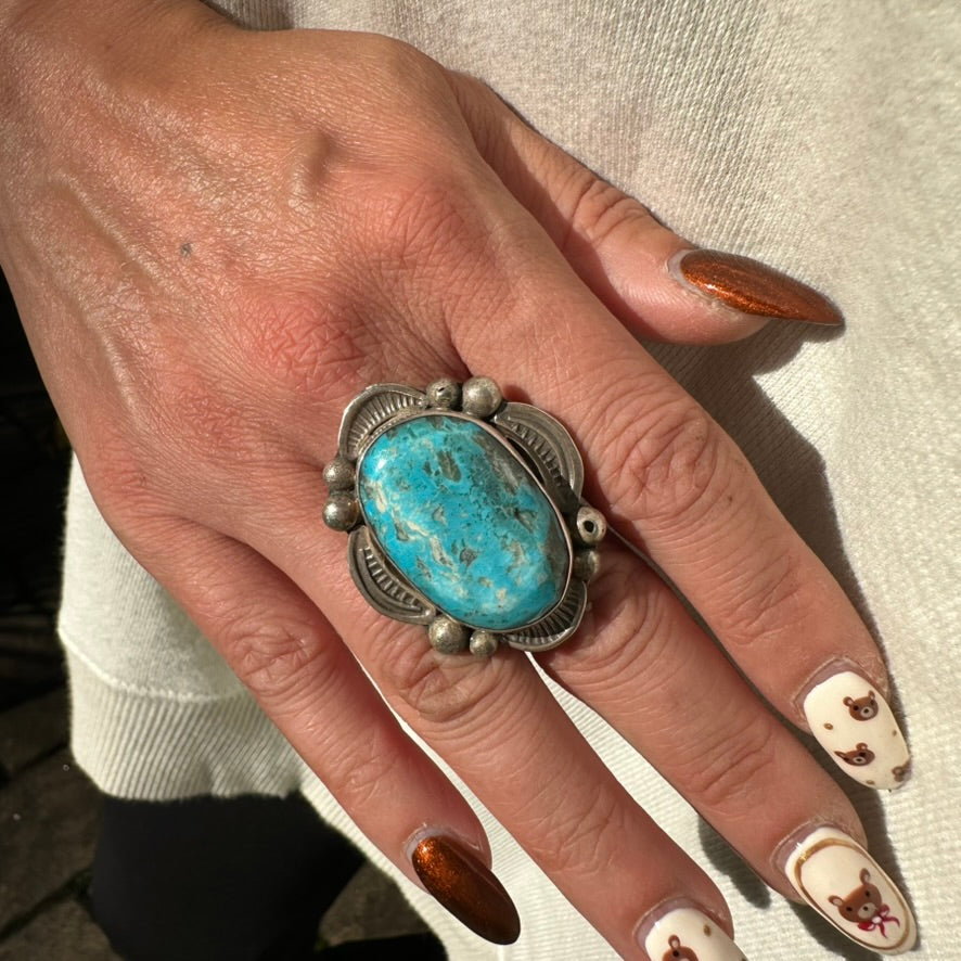 Vintage Navajo Sterling Silver and Blue Turquoise Ring Signed by Albert Cleveland