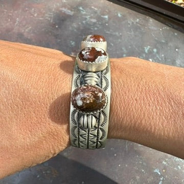 Navajo Made Sterling Silver Wild Horse Magnesite Cuff Bracelet, by Derrick Cadman