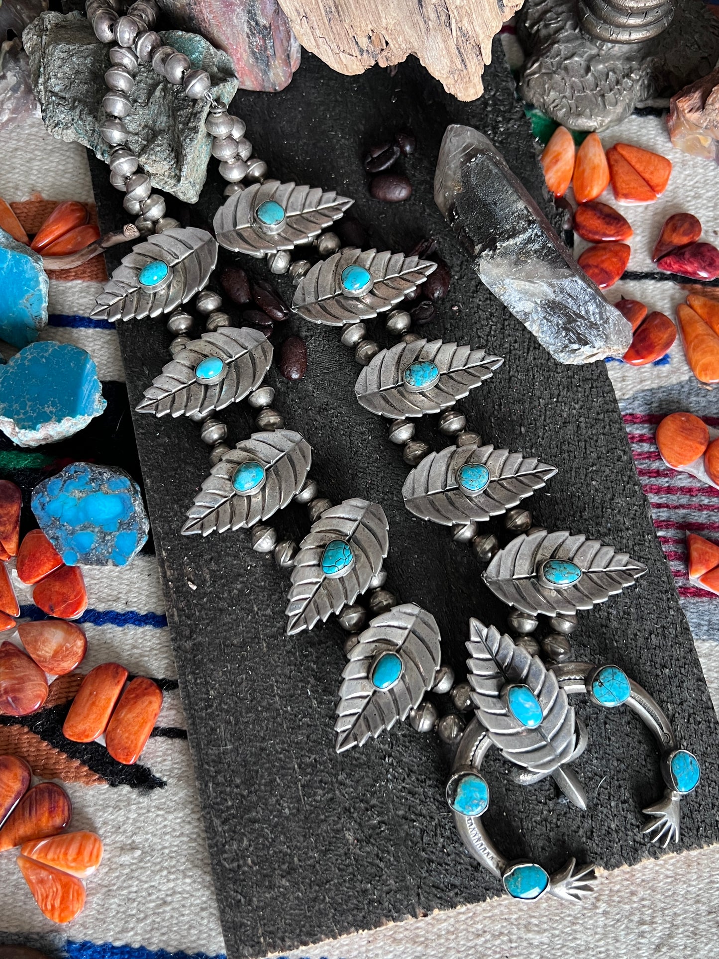 Vintage Unsigned Sterling Silver and Turquoise Squash Blossom with Leaf Motif