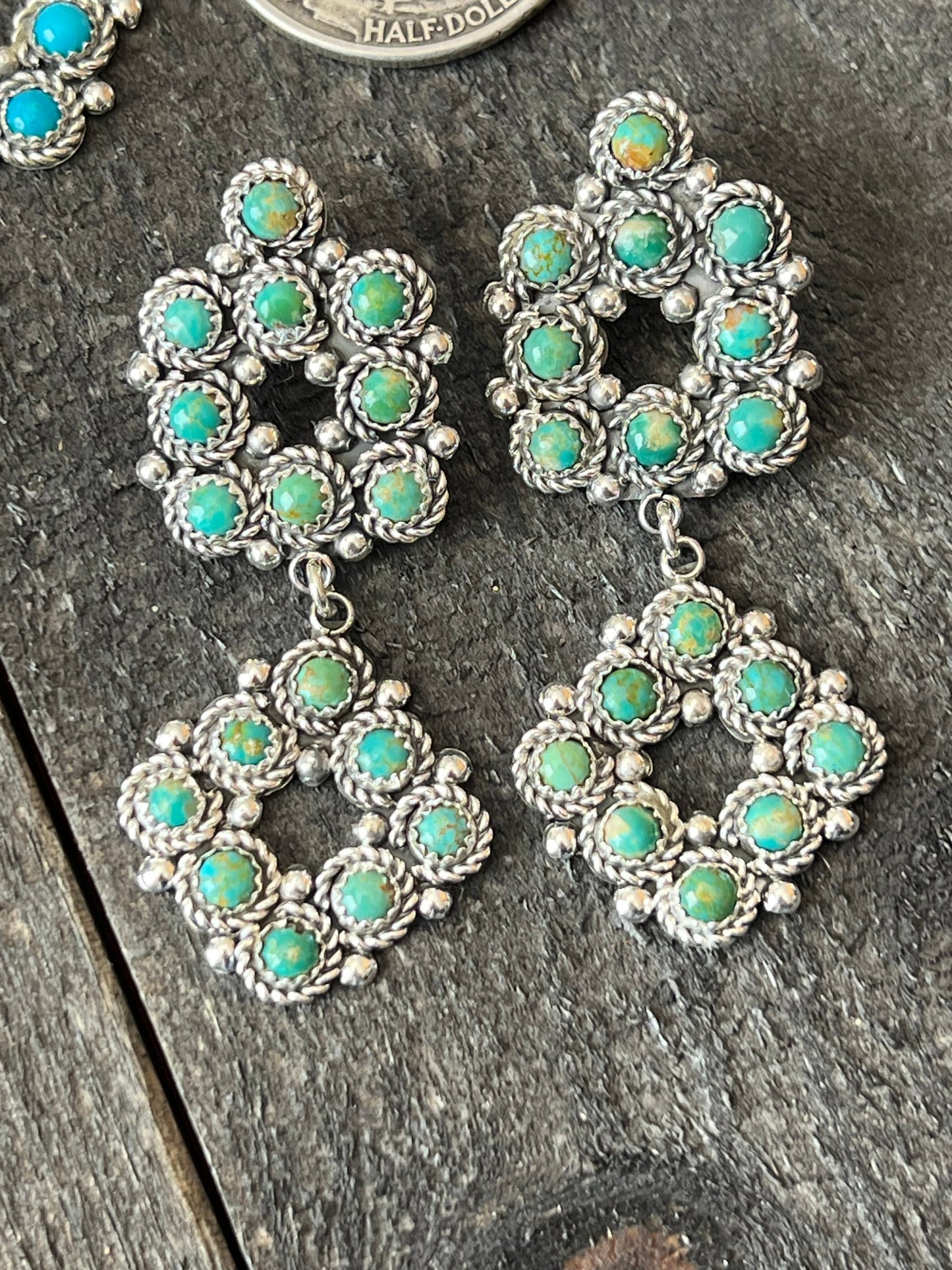 Zuni Sterling Silver and Snake Eye Turquoise Cluster Earrings by Dillon Cheama
