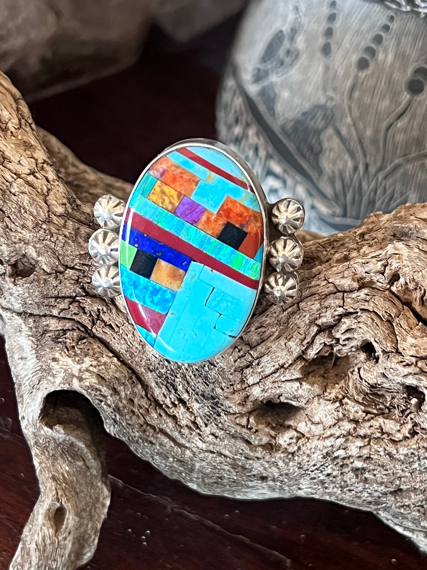 Ronald Chavez Electric Rainbow Sterling Silver Oval Mosaic Multistone Ring, Size 9-1/2