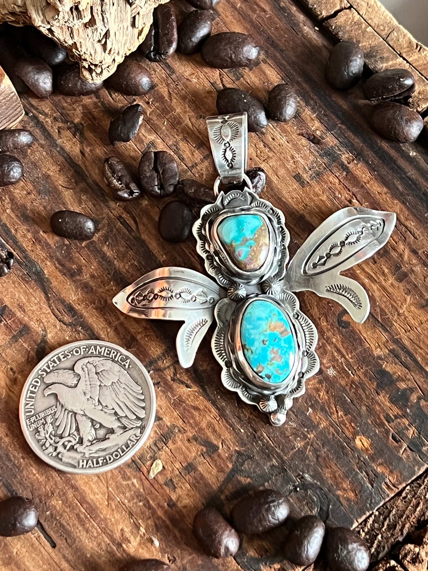 Handcrafted Kimari Somers Sterling Silver and Turquoise Winged Bug Pendant