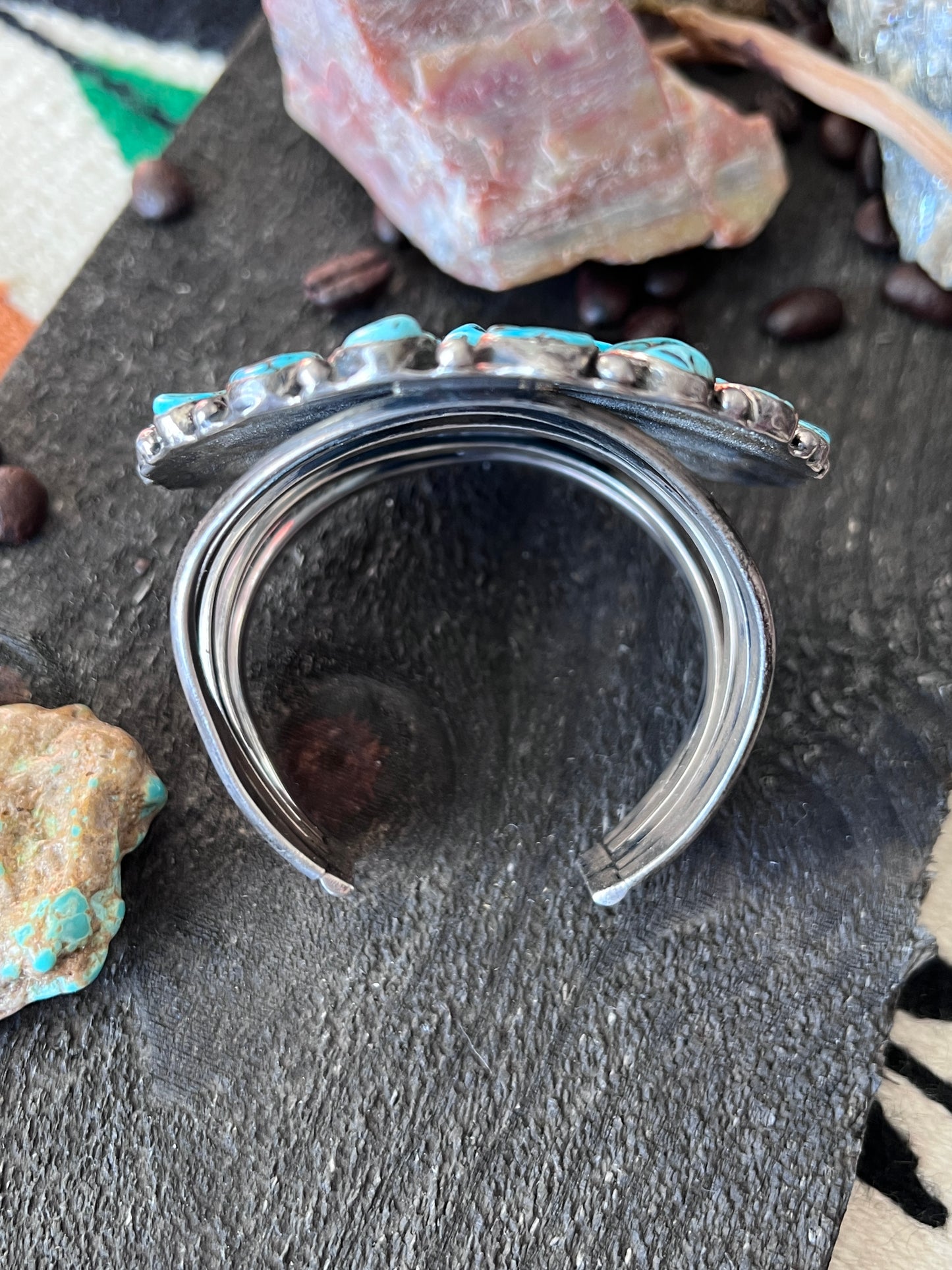 Vintage Sterling Silver and Kingman Nugget Turquoise Cluster Cuff Bracelet