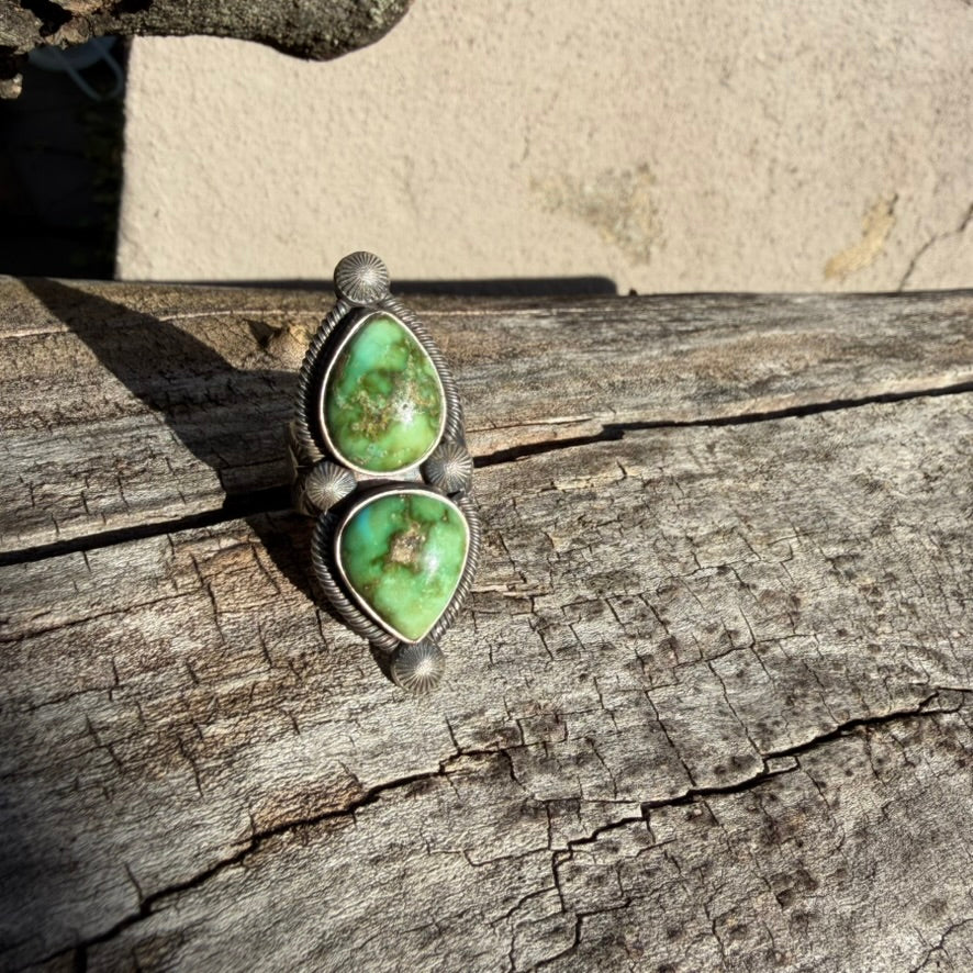 Navajo Sterling Silver Adjustable Double Sonoran Gold Turquoise Ring by Leon Martinez