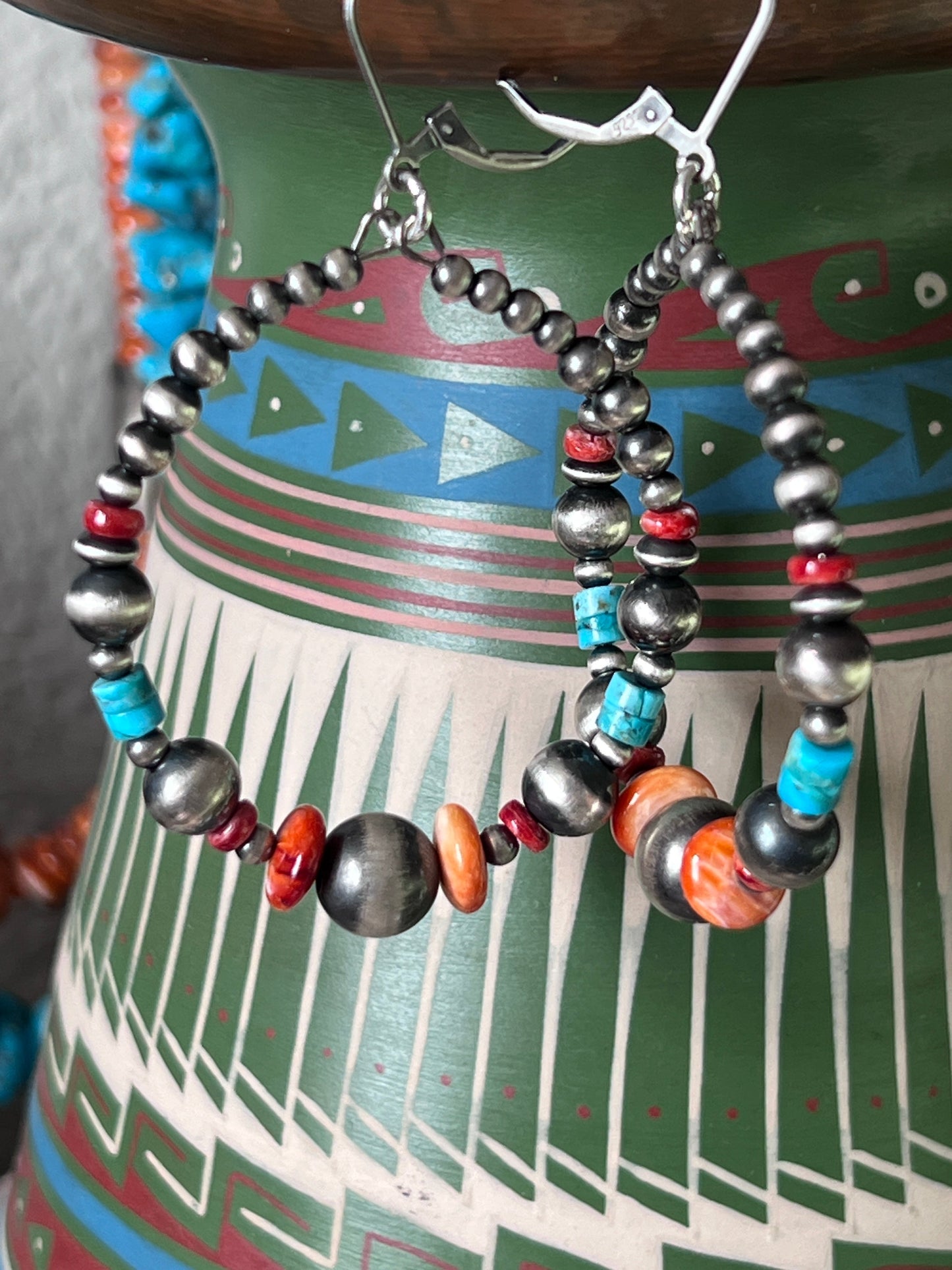 Handcrafted Electric Rainbow Sterling Silver, Turquoise & Spiny Oyster Beaded Hoop Earrings, Leverback
