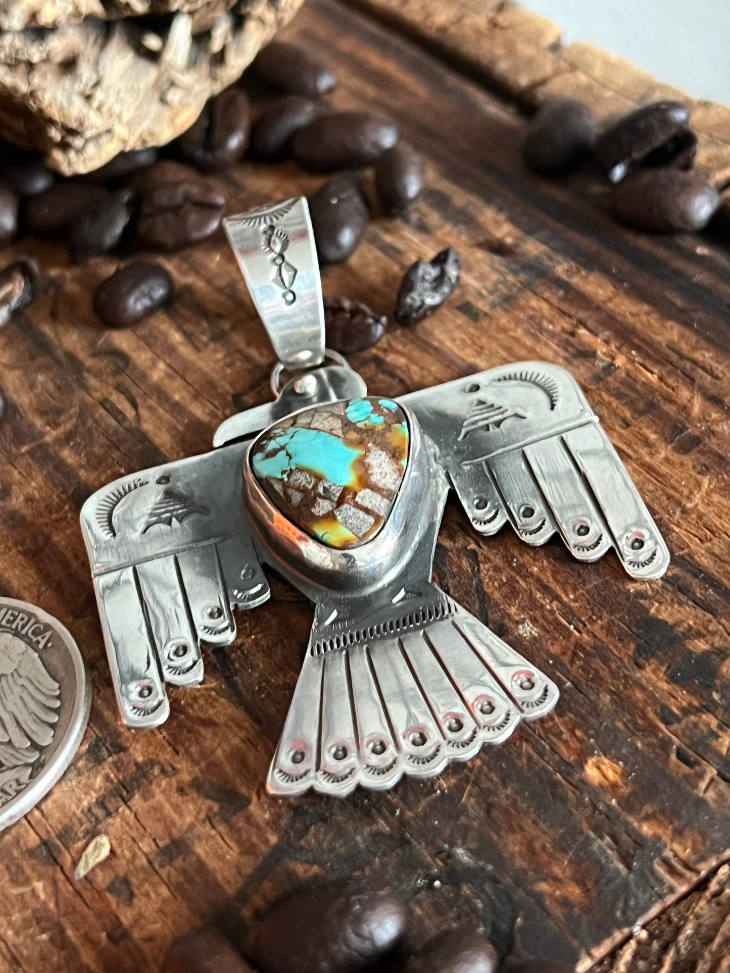 Hand Stamped Sterling Silver and Turquoise Thunderbird Pendant by Kimari Somers