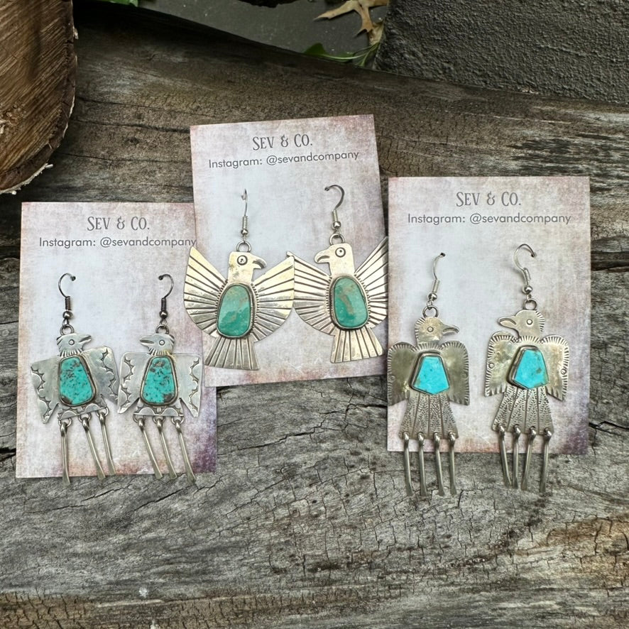 Native Made Turquoise and Sterling Silver Fringe Thunderbird Earrings by Vernon Begay