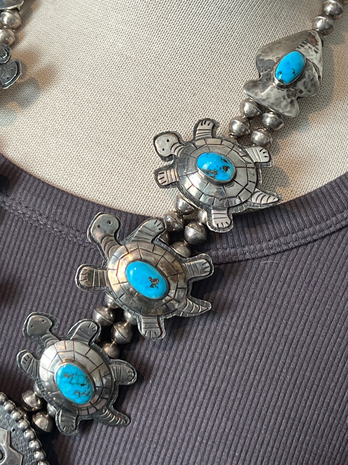 Vintage Sterling silver and Turquoise Turtle Themed Squash Blossom Style Necklace