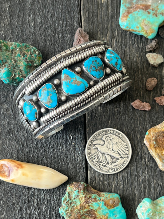 Vintage Hefty Sterling Silver and Turquoise Cuff Bracelet, Signed JY