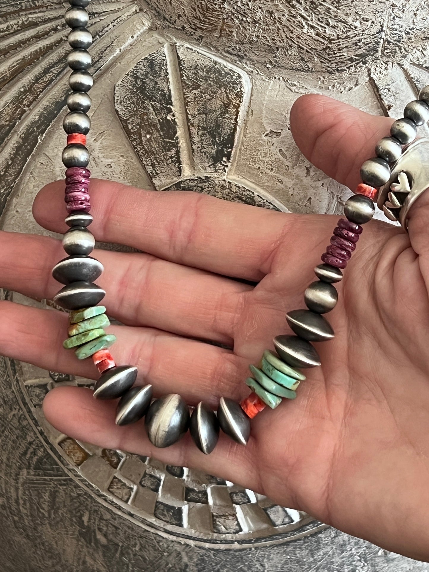 Rose Martin Sterling Silver, Turquoise and Spiny Oyster Single Strand Beaded Necklace, 18 + 1-1/2 inches