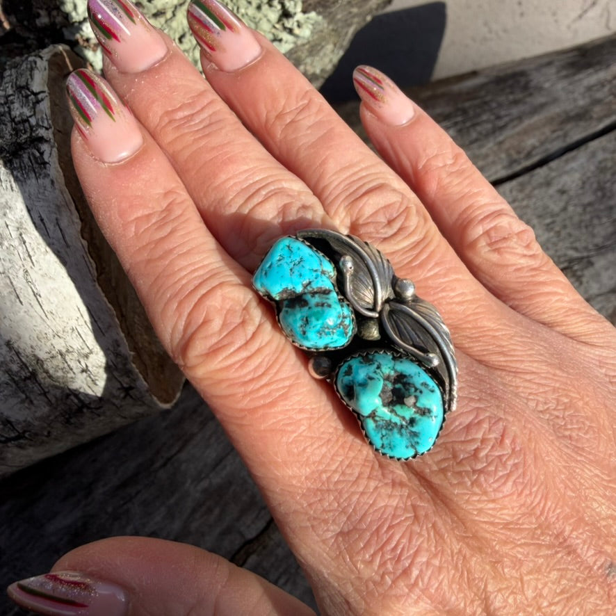 Vintage Navajo Sterling Silver and Double Kingman Turquoise Ring Signed EW