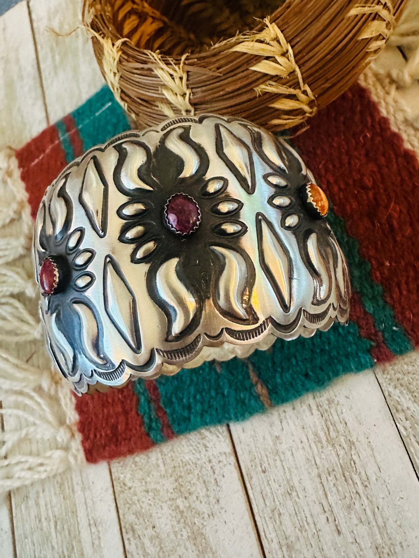 Navajo Sterling Silver, Spiny & Turquoise Bangle Bracelet by Leander Tahe