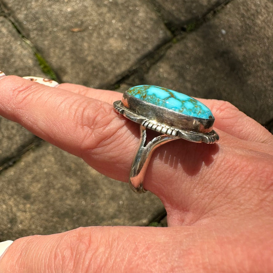 Navajo Sterling Silver Light Blue Webbed Kingman Turquoise Ring Signed by Allen Lee