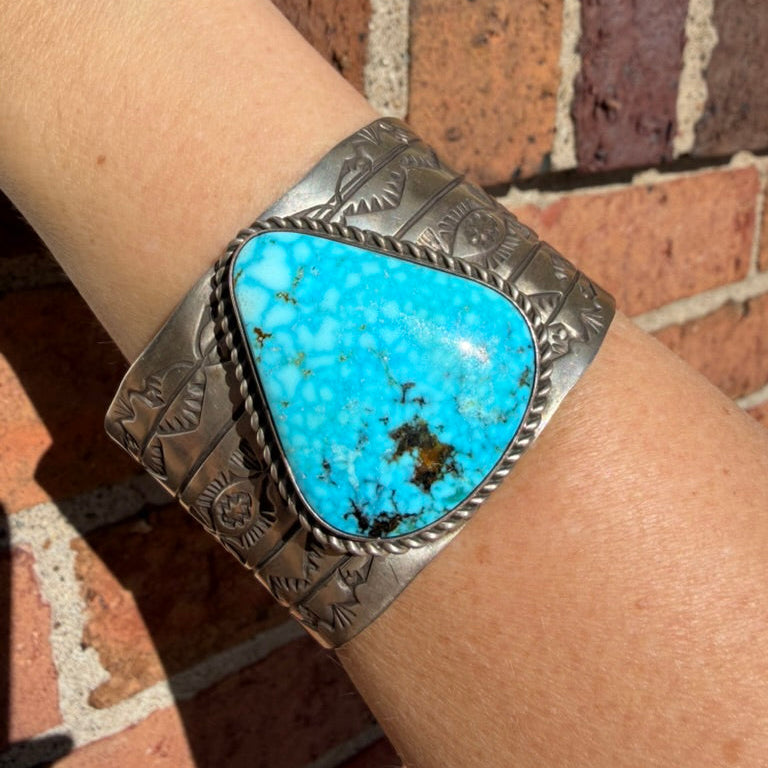 Navajo Made Wide Sterling Silver and Turquoise Teardrop Cuff Bracelet Signed R.E.