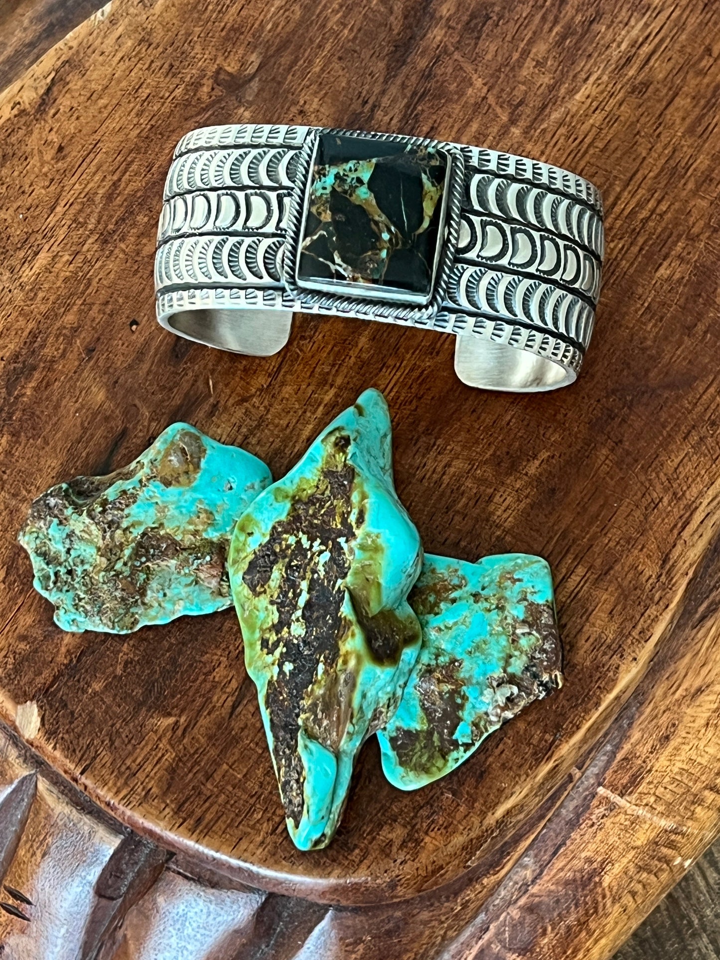 Navajo Sterling Silver and Blackjack Turquoise Hand Stamped Cuff Bracelet by Randy Boyd