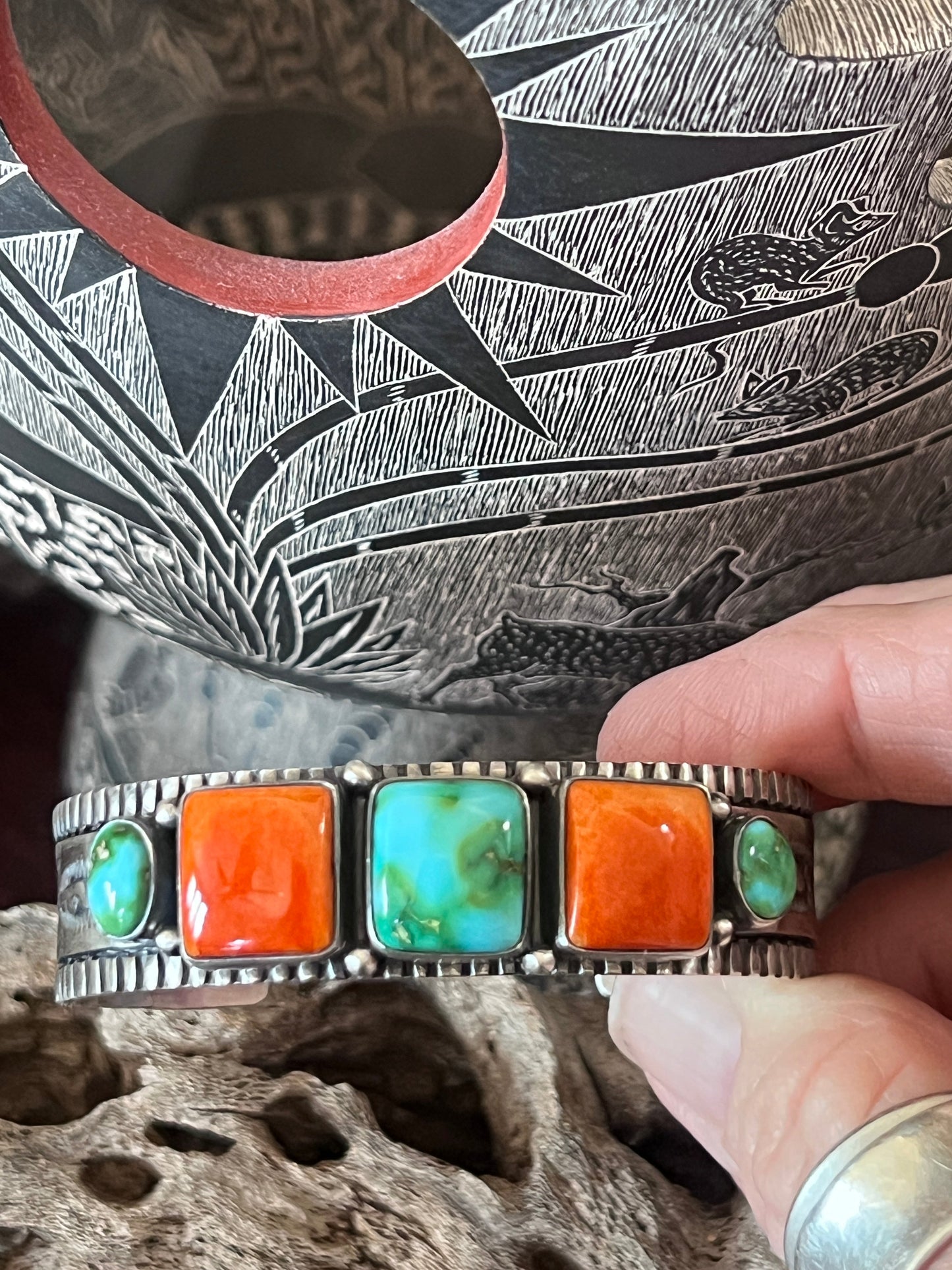 Handcrafted Sterling Silver Electric Rainbow Sonoran Turquoise and Spiny Oyster Stacker Cuff Bracelet by Murphy Platero
