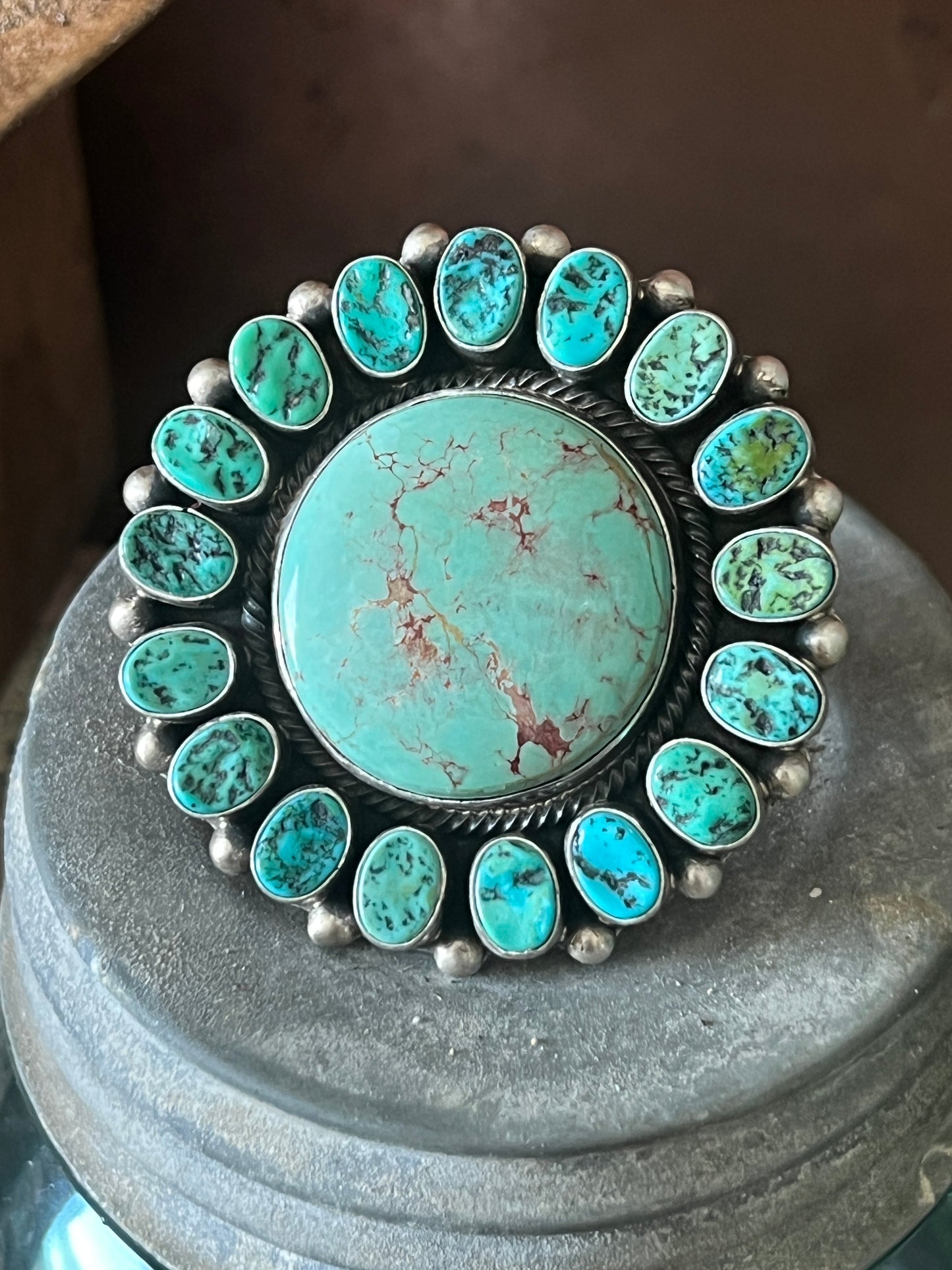 Navajo Sterling Silver Around The World Kingman Cluster Ring by Blaine Yellowhorse, Size 7.5