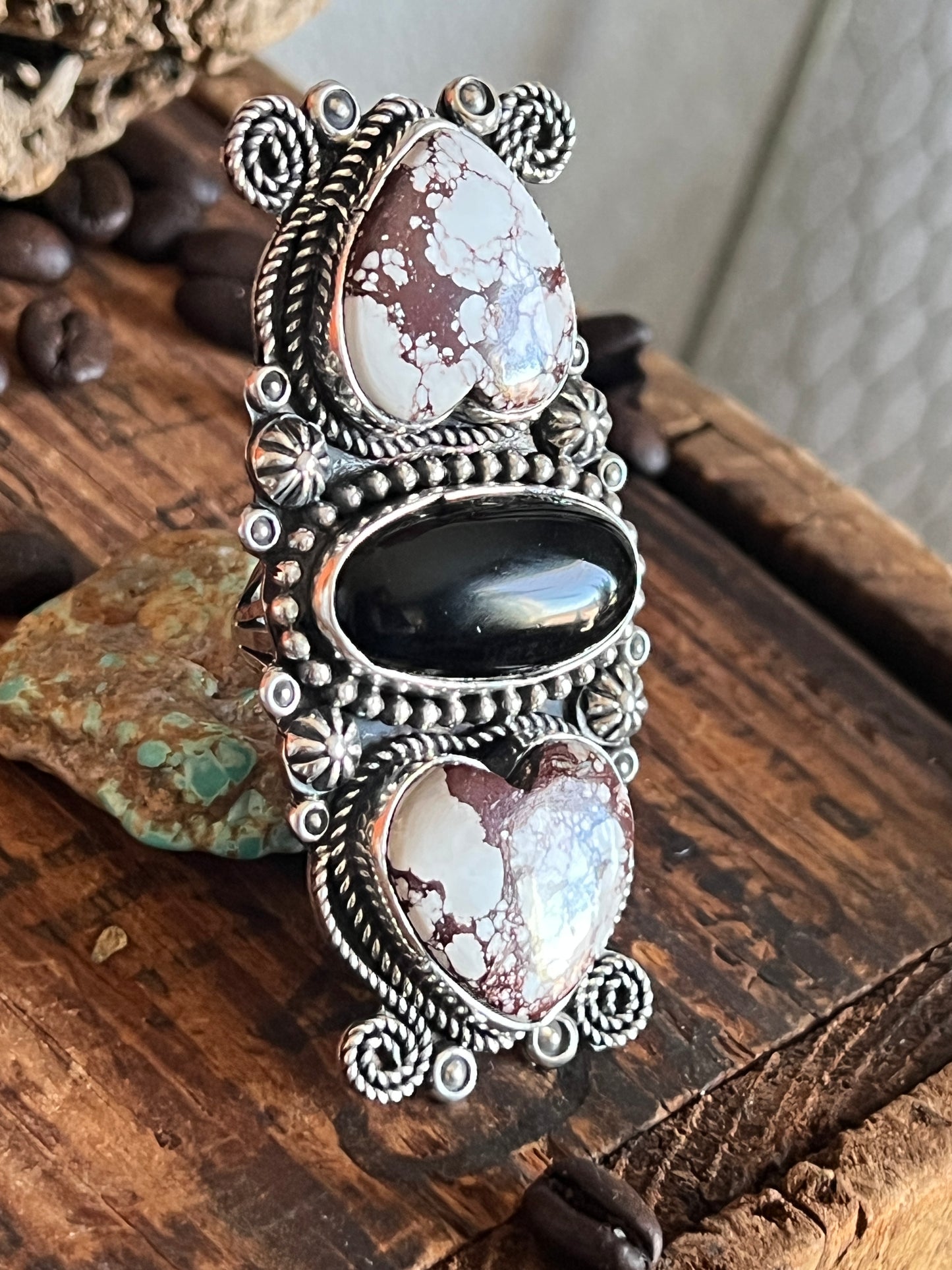 Rosella Paxson Triple Stone Sterling Ring with Wild Horse Magnesite Hearts and Oval Onyx, Sz 9-1/4