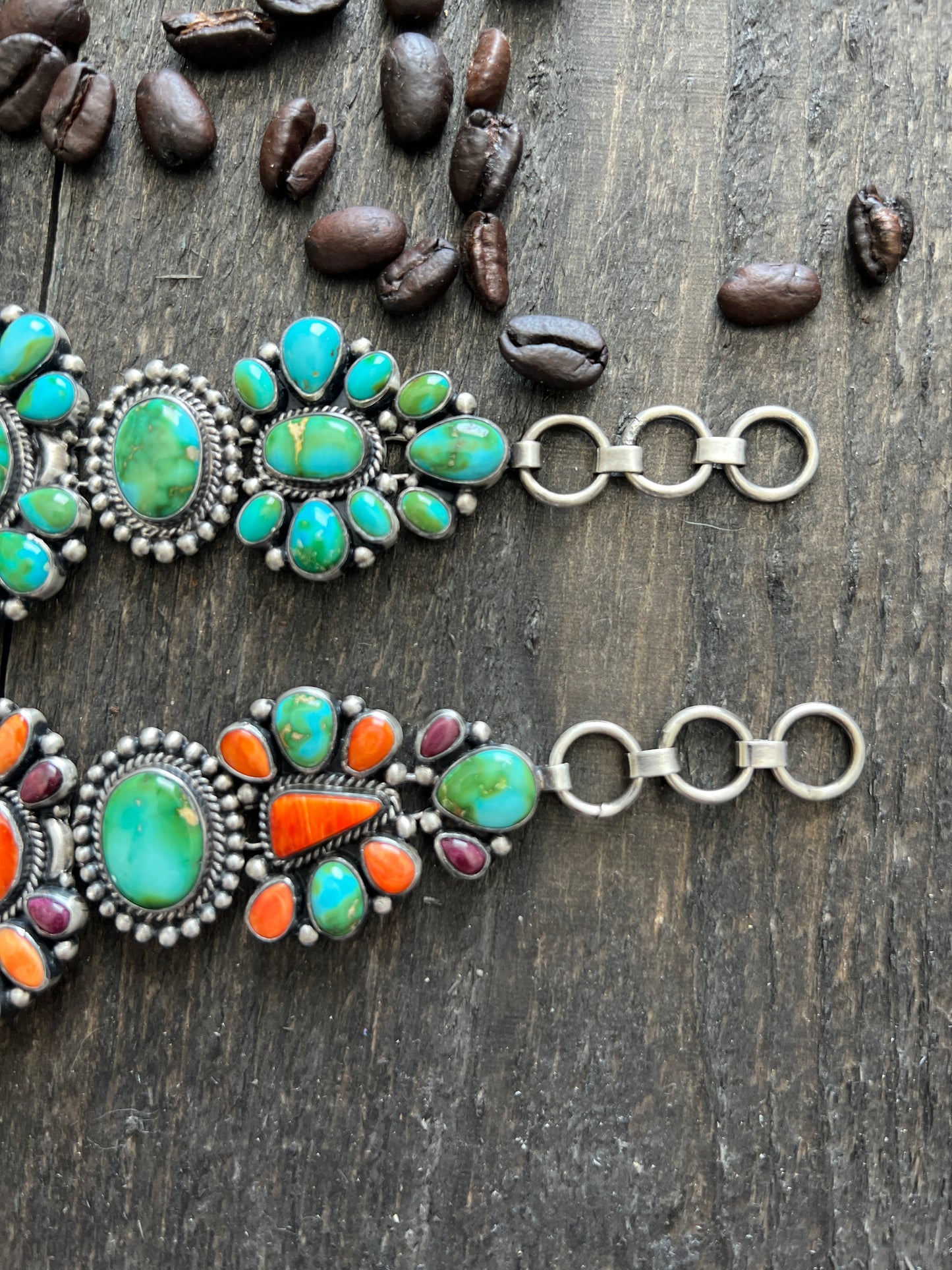 Stunning Navajo Sterling Silver, Sonoran Mountain Turquoise and Spiny Oyster Shell Cluster Link Bracelets by Diane Wylie