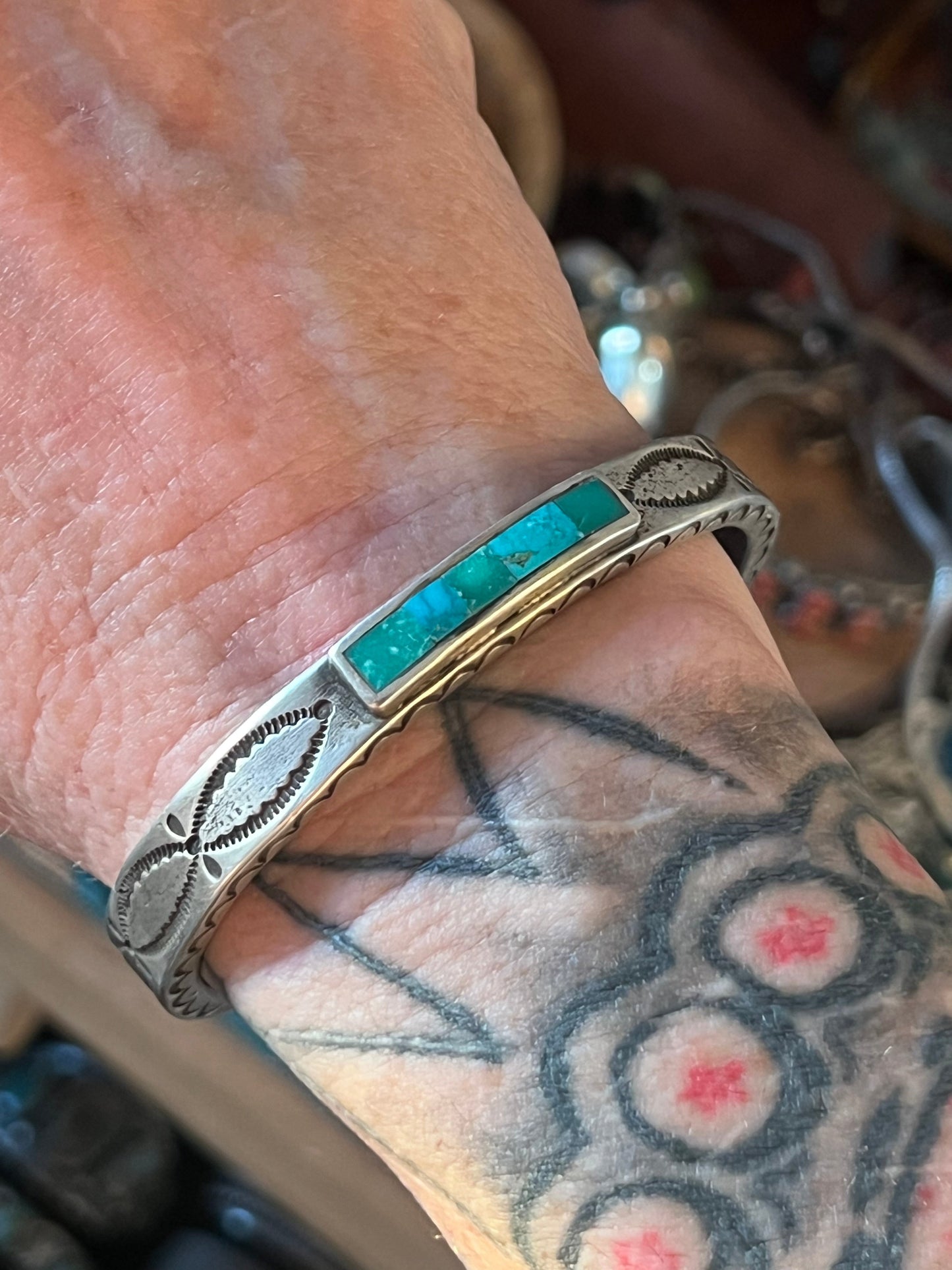 Falcon Trading Company Ingot Coin Silver and Fox Turquoise Inlay Cuff Bracelet by Joe O’Neill