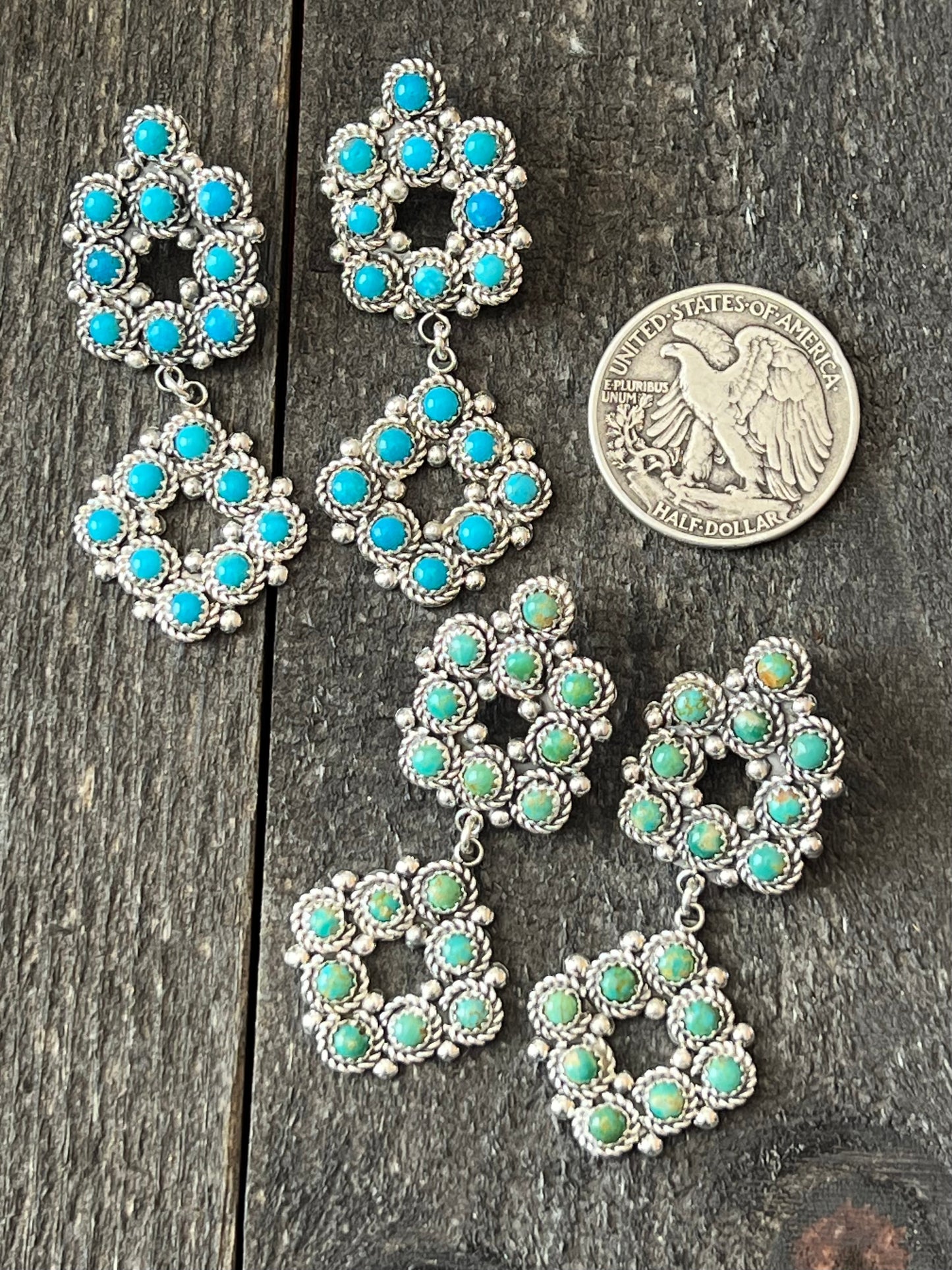 Zuni Sterling Silver and Snake Eye Turquoise Cluster Earrings by Dillon Cheama