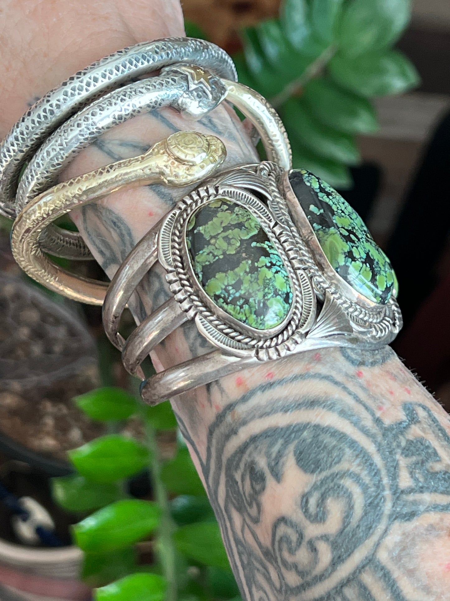 Vintage Sterling Silver and Three Stone Turquoise Cuff Bracelet by Will Denetdale