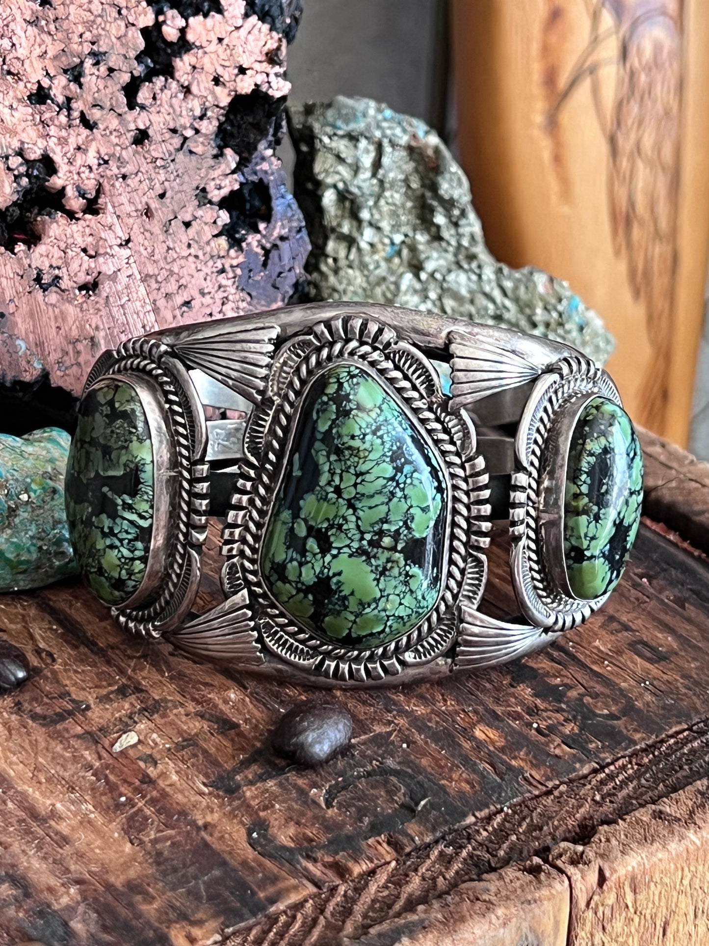 Vintage Sterling Silver and Three Stone Turquoise Cuff Bracelet by Will Denetdale