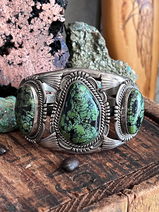 Vintage Sterling Silver and Three Stone Turquoise Cuff Bracelet by Will Denetdale