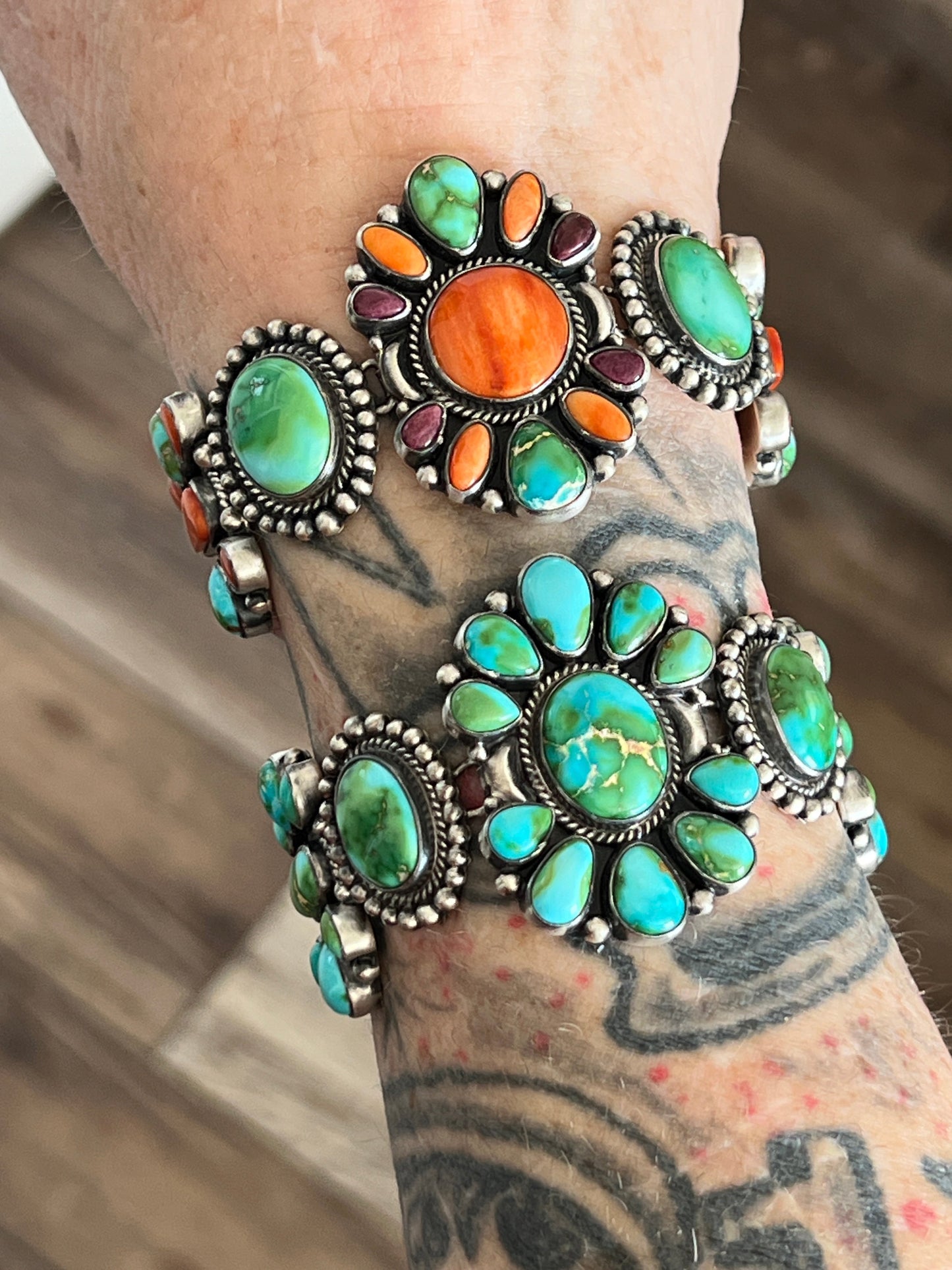 Stunning Navajo Sterling Silver, Sonoran Mountain Turquoise and Spiny Oyster Shell Cluster Link Bracelets by Diane Wylie