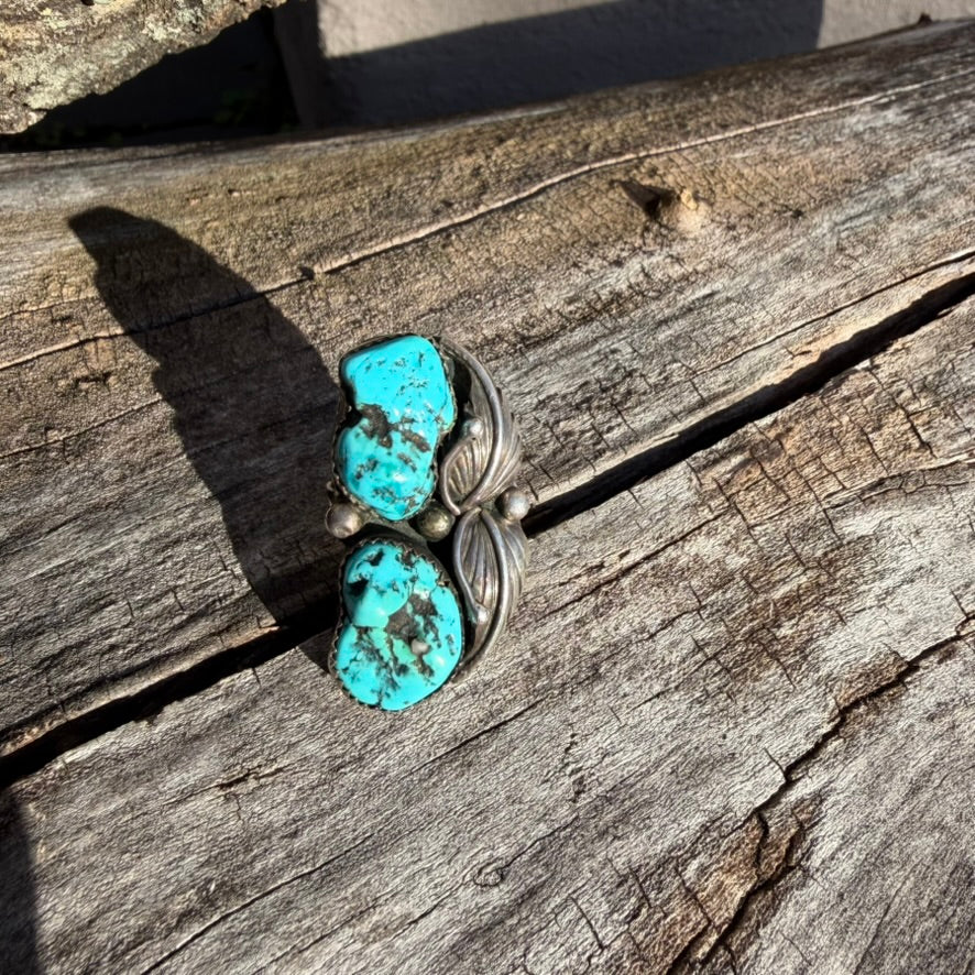 Vintage Navajo Sterling Silver and Double Kingman Turquoise Ring Signed EW
