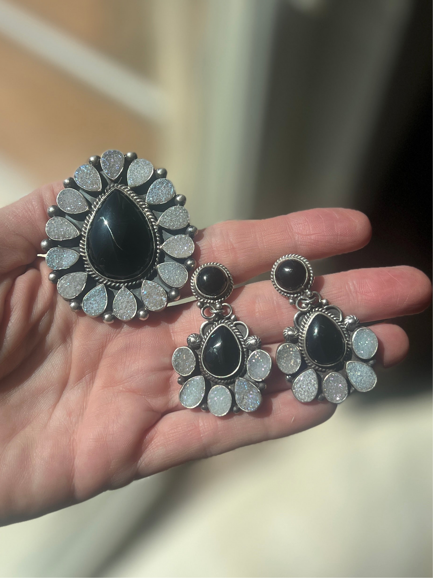 Navajo Sterling Silver, Black Onyx and Angel Aura Druzy Quartz Cluster Ring by Tyler Brown, Adjustable