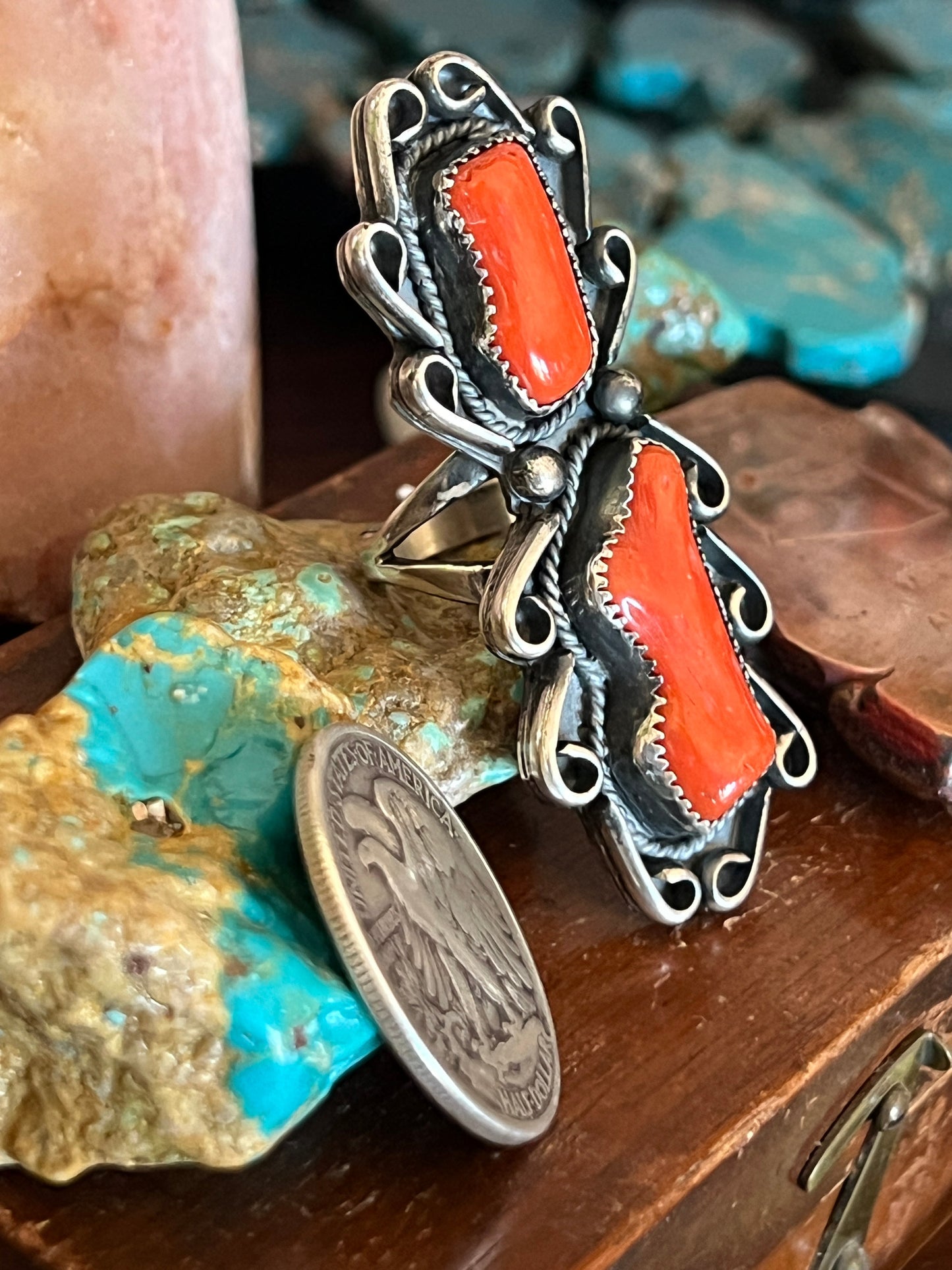 Navajo Stunning Vintage Sterling Silver and Mediterranean Coral Ring, Size 9.5