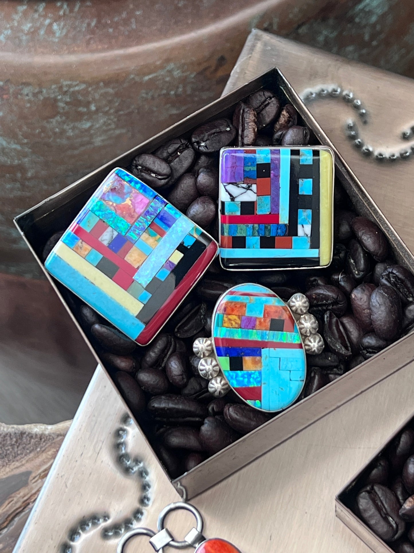 Ronald Chavez Electric Rainbow Sterling Silver Square Mosaic Multistone Ring, Size 10