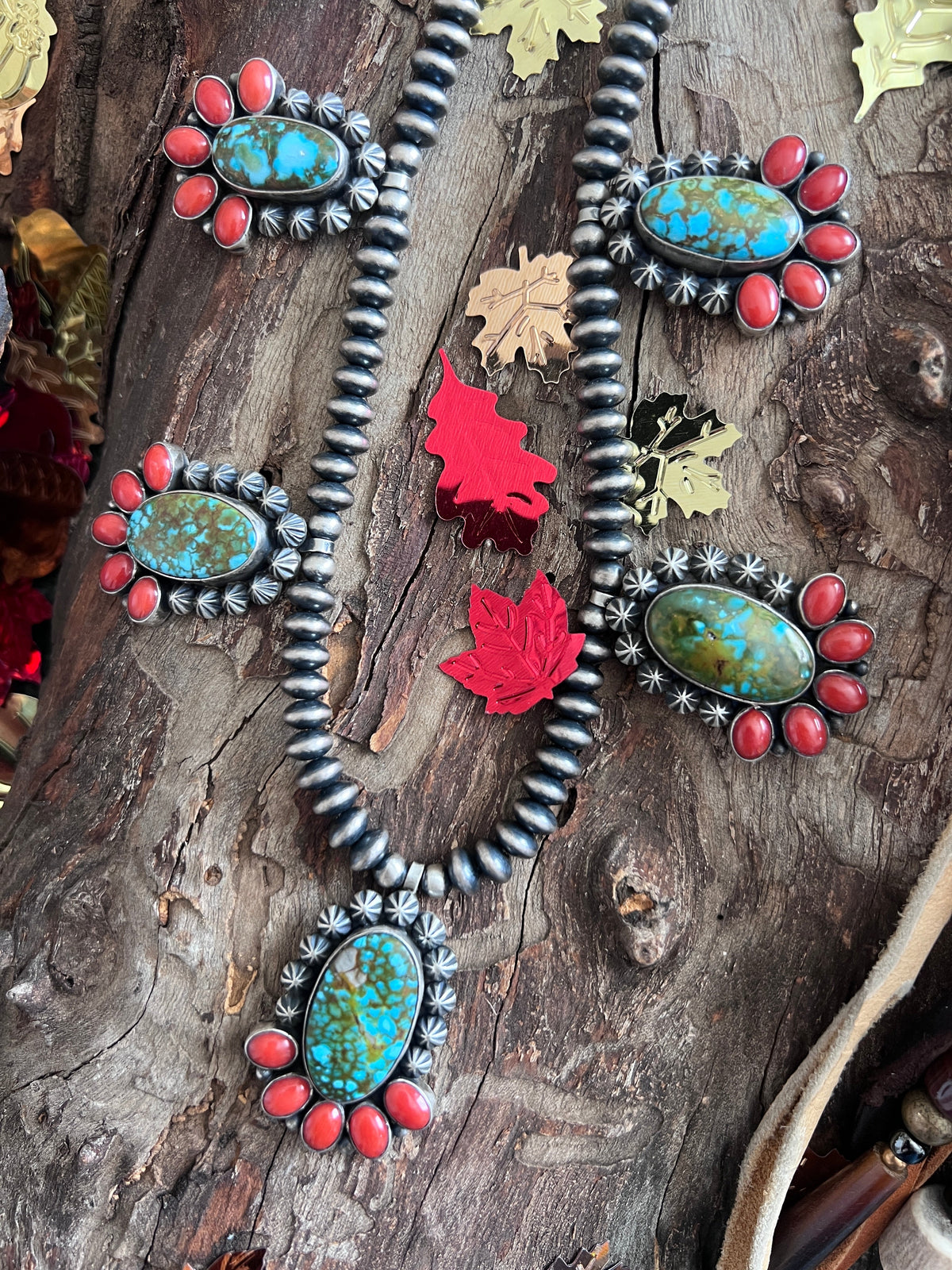 Taos Collection: Handcrafted Sterling Silver, Kingman Turquoise & Mediterranean Red Coral Beaded Necklace