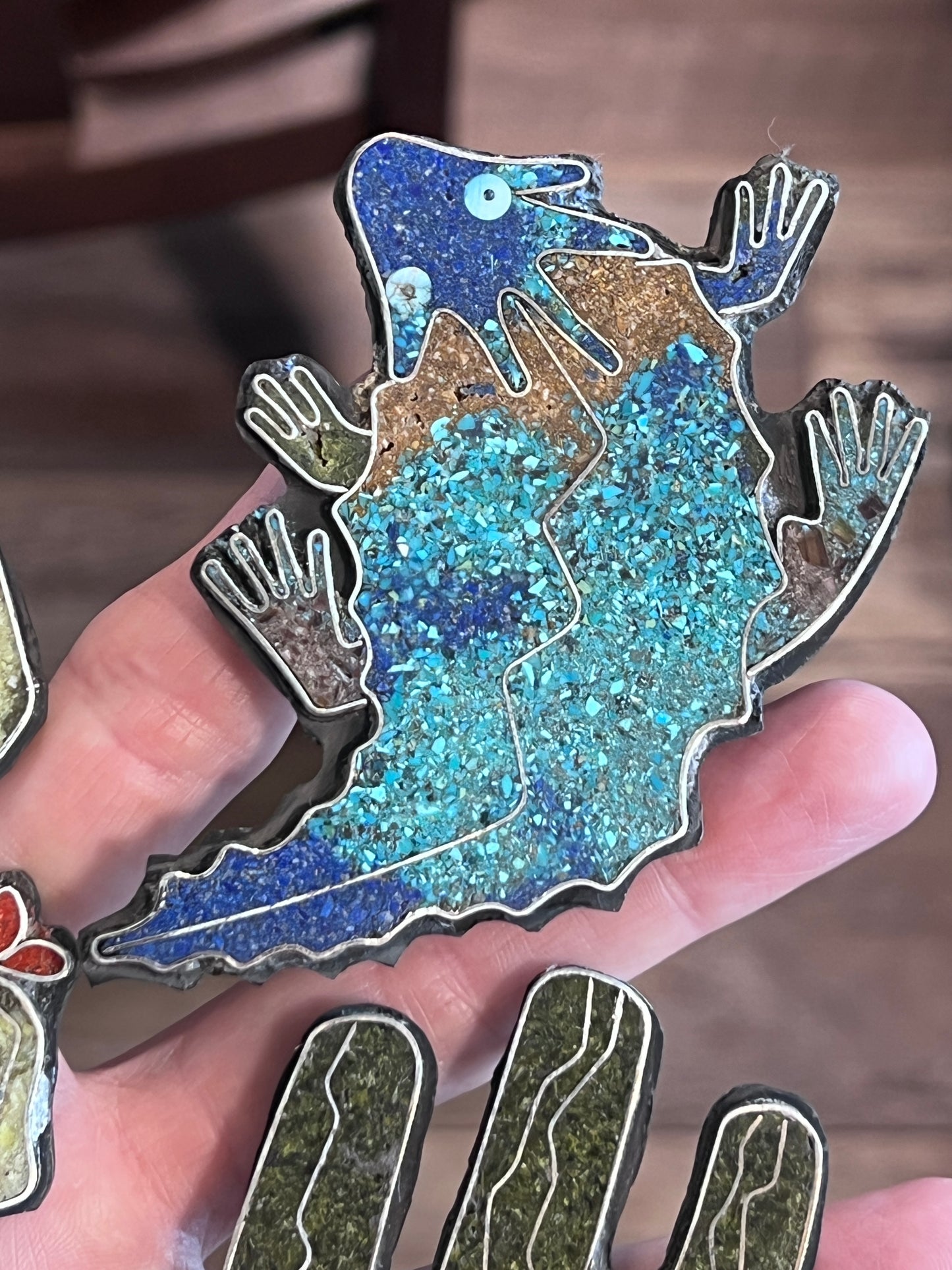 Warren Nieto Sterling Silver and Inlaid Stone Saguaro Cactus & Horned Toad Pendants