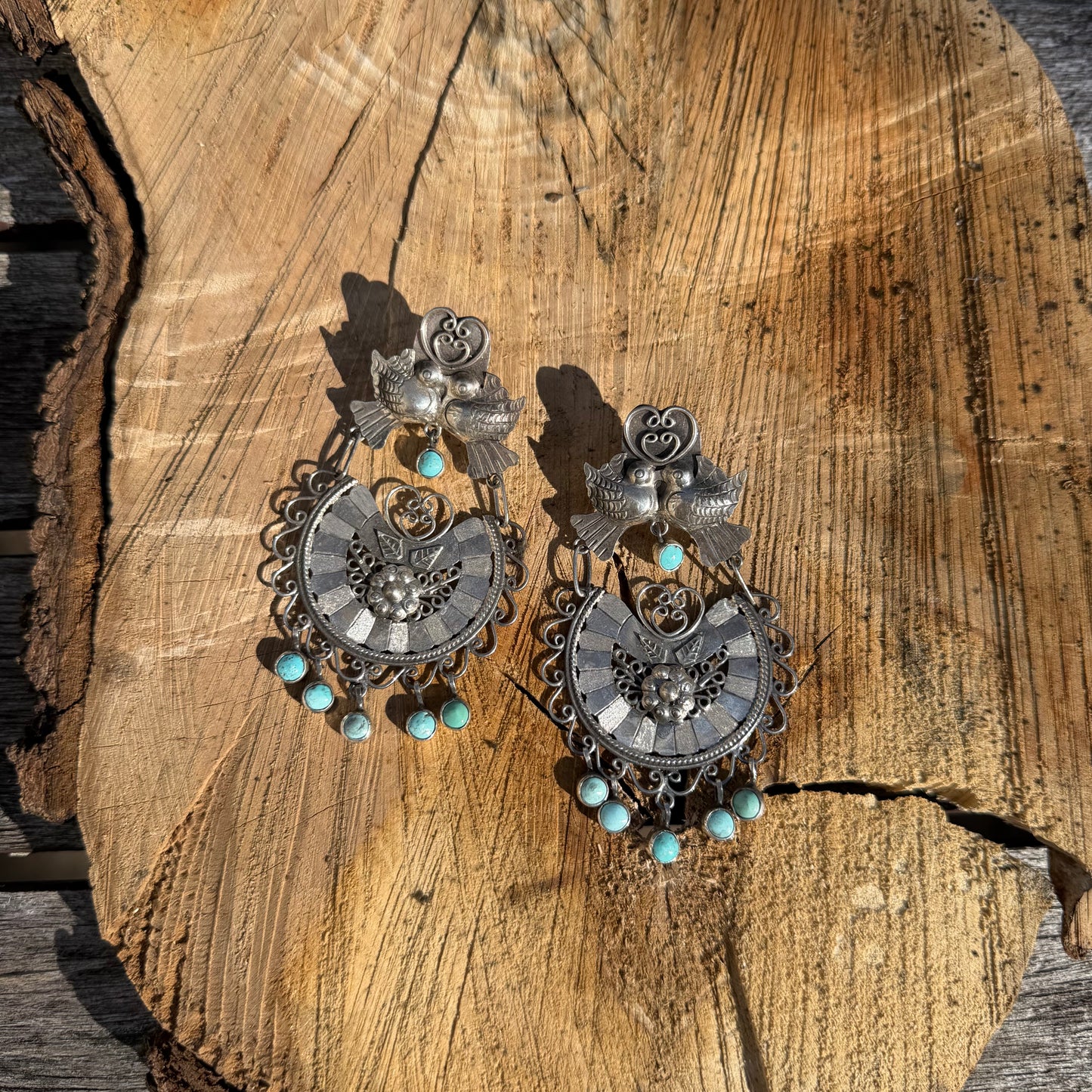 Sterling Silver Half Disc and Turquoise Filigree Lovebird Earrings by Federico Jimenez