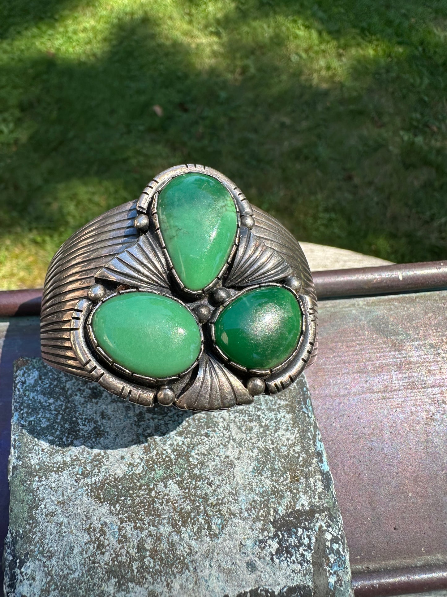 Vintage Sterling Silver Three Stone Green Goddess Cuff Bracelet, Unsigned