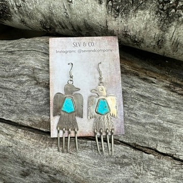 Native Made Blue Turquoise and Sterling Silver Fringe Thunderbird Earrings by Vernon Begay