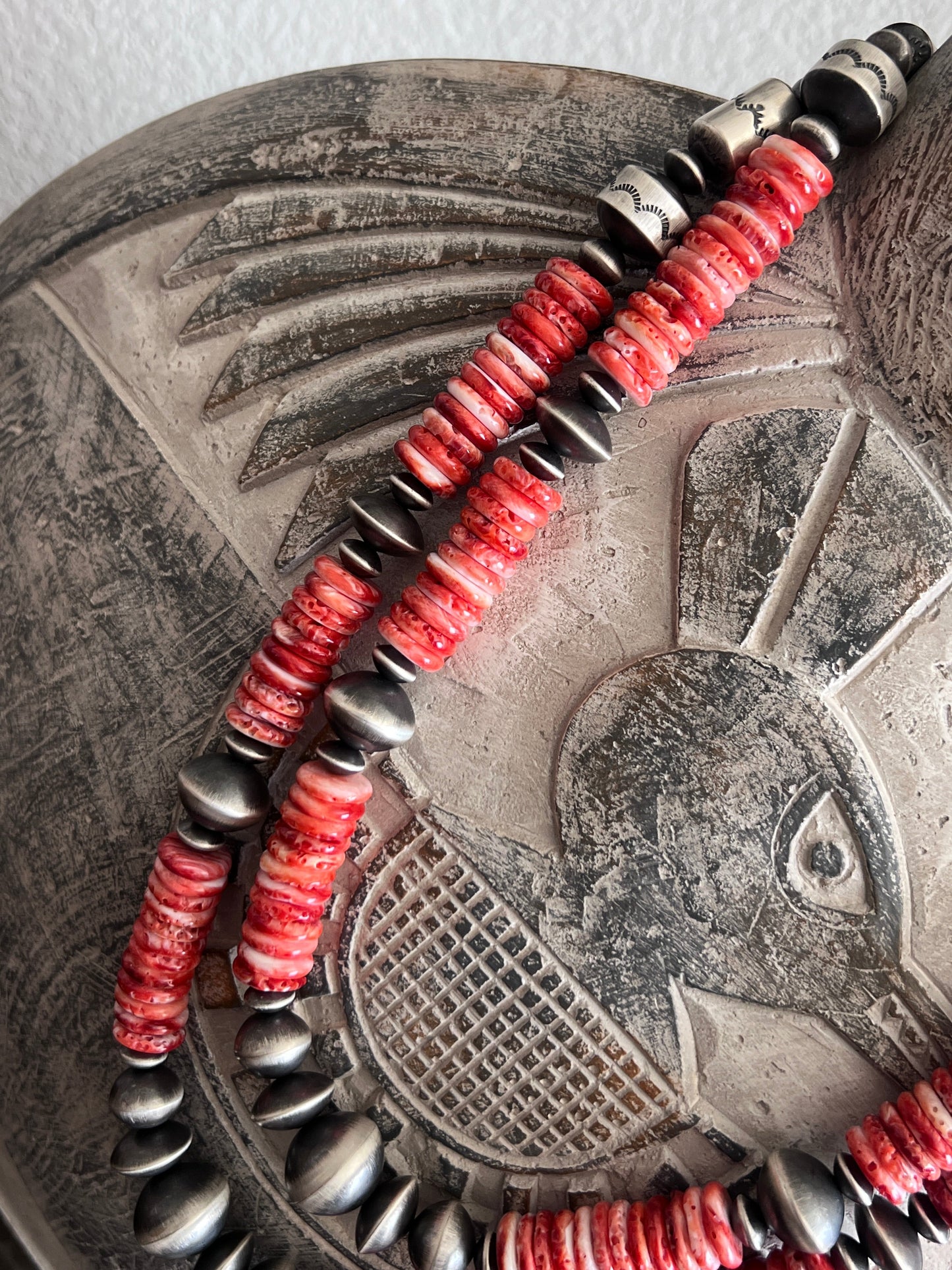 Chunky Sterling Silver and Red Spiny Oyster Single Strand Beaded Necklace by Rose Martin, 22” + 1-1/2”