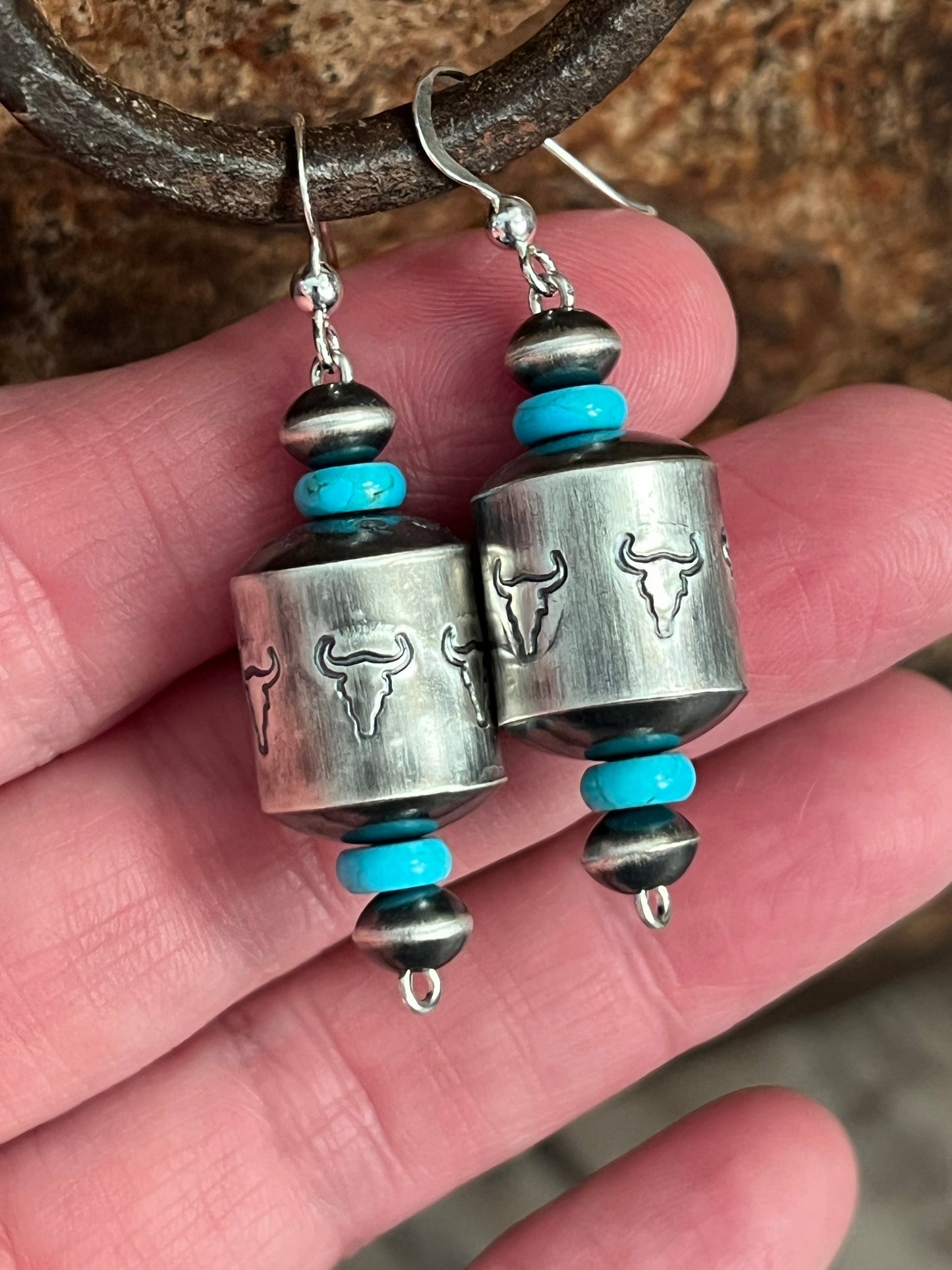Navajo Sterling Silver and Turquoise Handmade Barrel Bead Earrings by Preston Haley