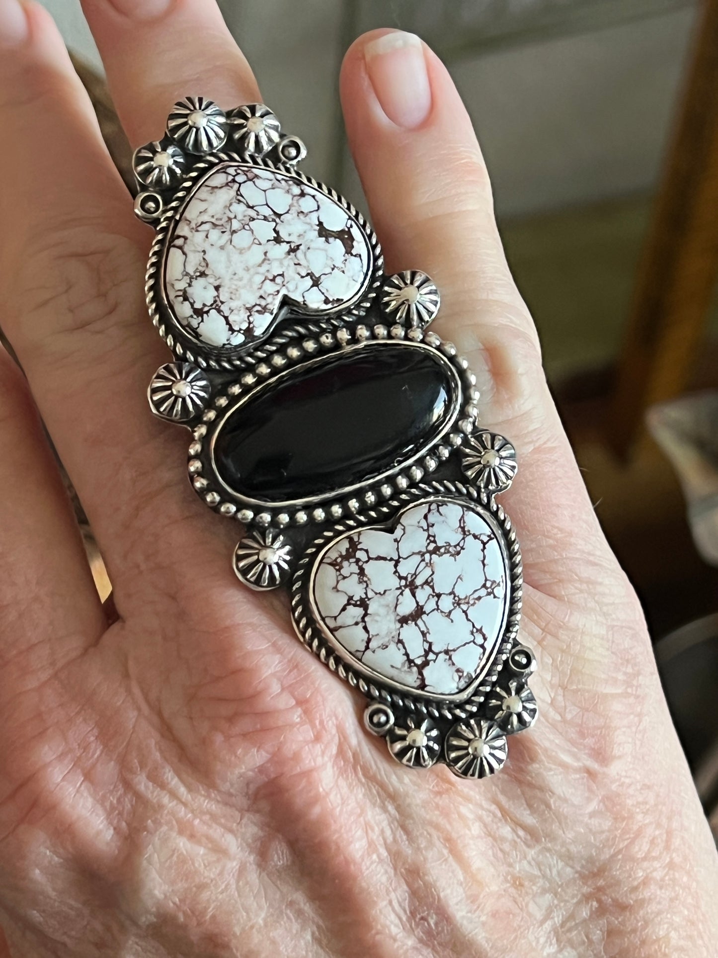 Rosella Paxson Triple Stone Sterling ring with Wild Horse Magnesite Hearts and Oval Onyx, Sz 8.5