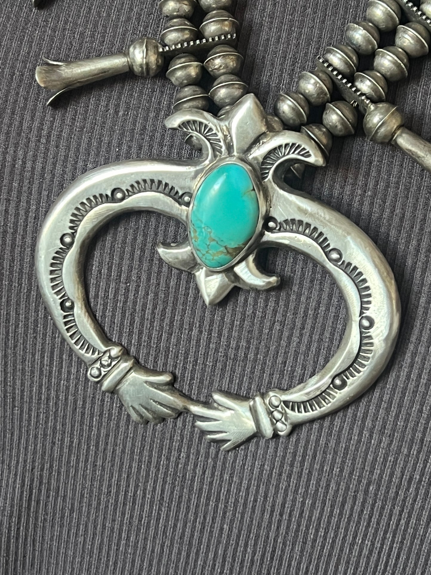 Vintage Sterling Silver and Turquoise Squash Blossom, Hand Terminal Naja
