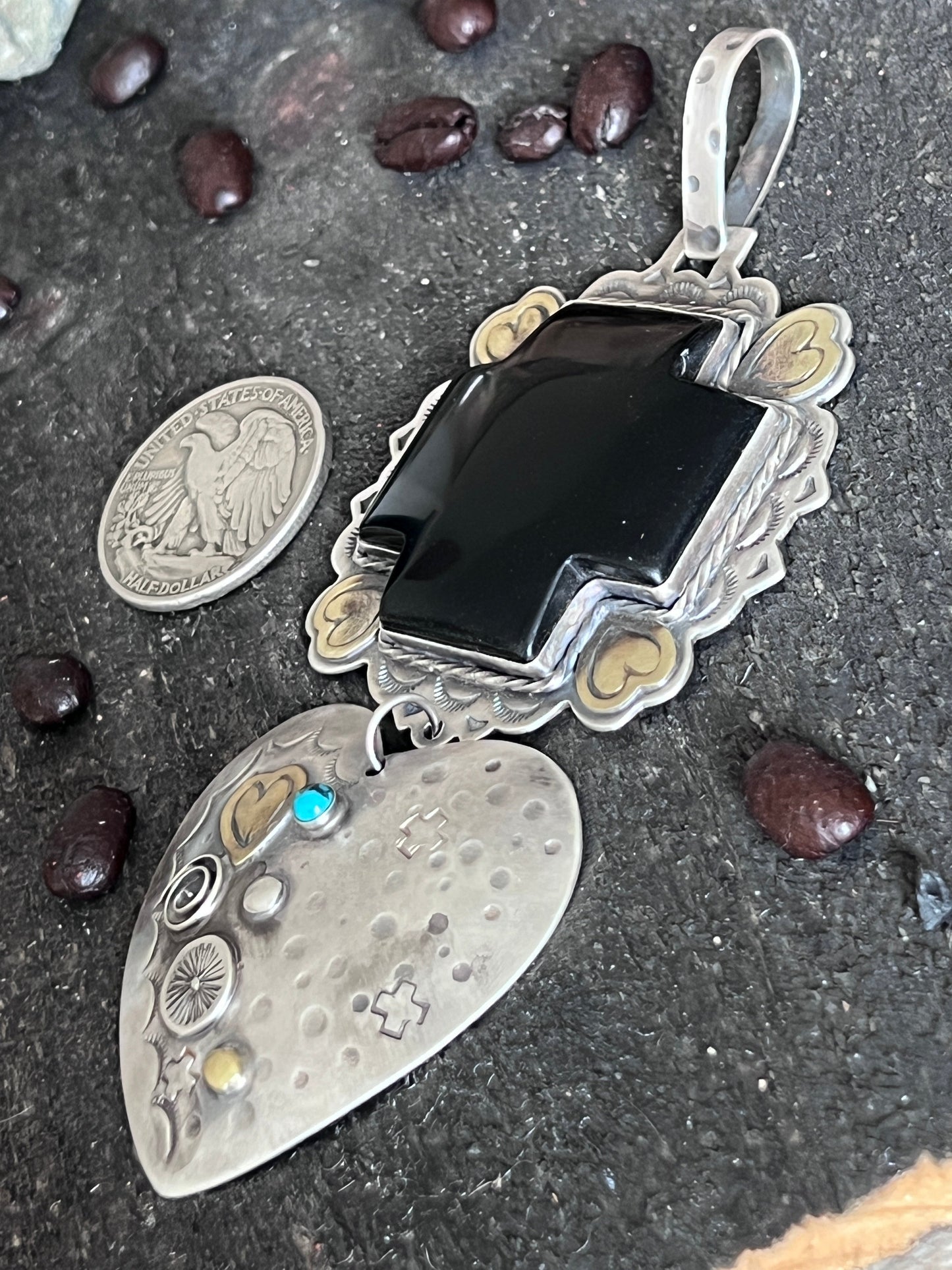 Hand Stamped Sterling Silver & Black Marble Santa Fe Cross and Heart Pendant by Kimari Somers