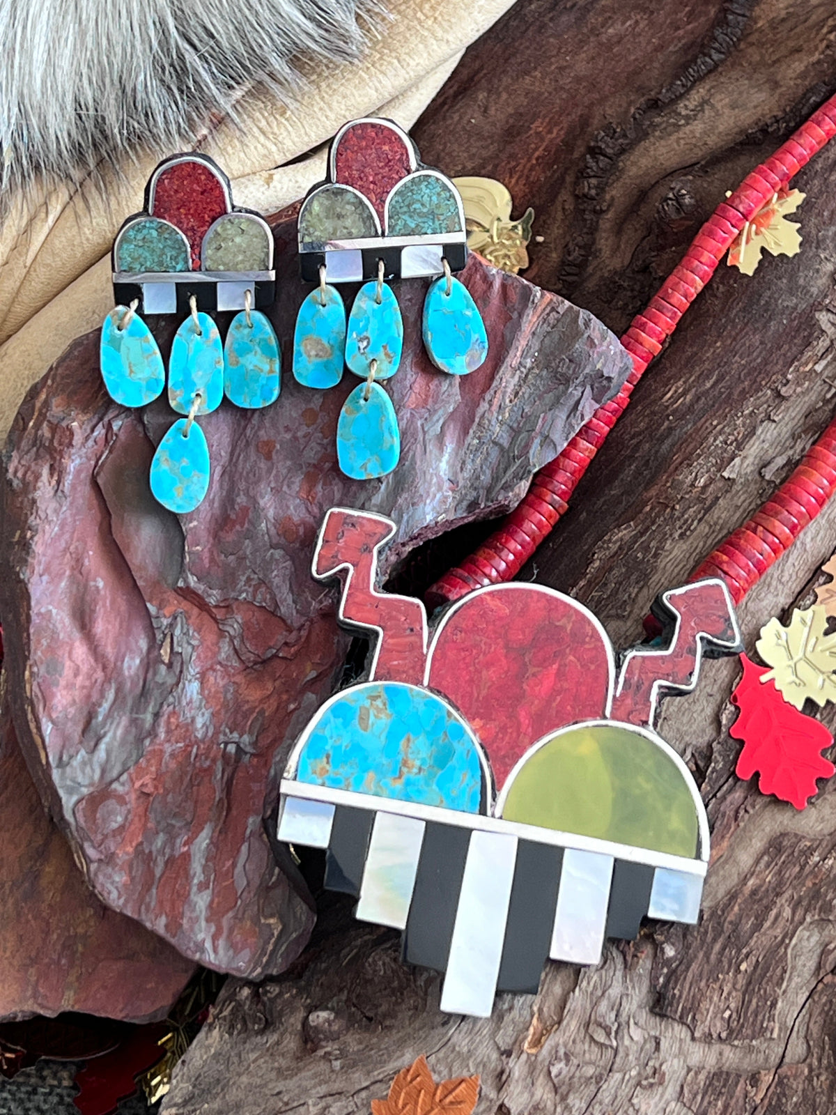 Warren Nieto Multi Stone Inlay Monsoon Necklace & Earrings Set